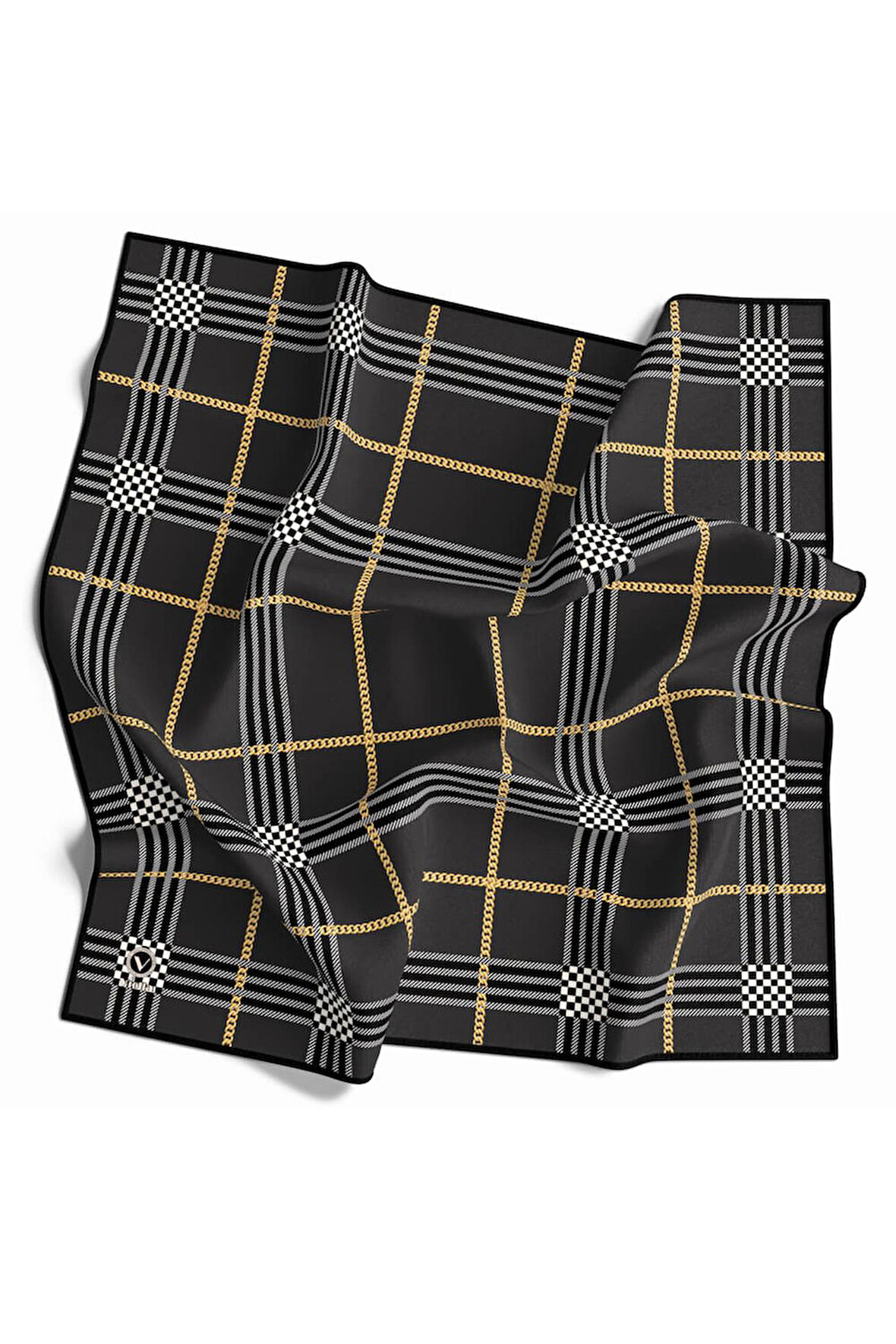 Twill Ekose Desenli Gri Renkli 90x90 Eşarp (İpek İçermez) Kenar Dikiş Şekli El Dikişli