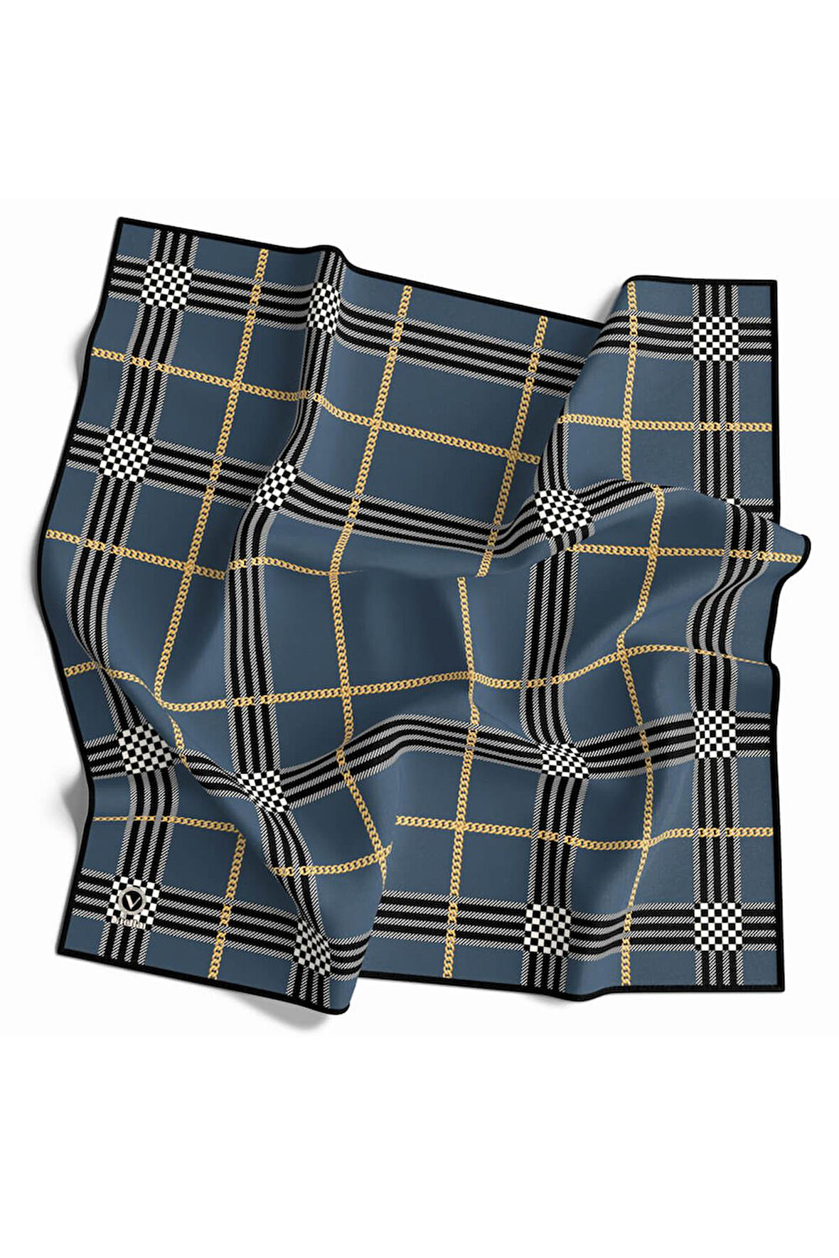 Twill Ekose Desenli İndigo Renkli 90x90 Eşarp (İpek İçermez) Kenar Dikiş Şekli El Dikişli