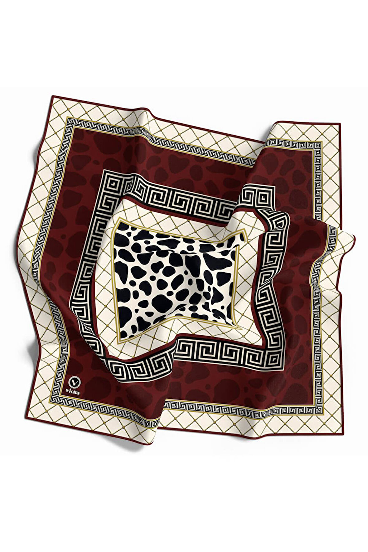 Twill Taş Desenli Bordo Renkli 90x90 Eşarp (İpek İçermez) Kenar Dikiş Şekli El Dikişli