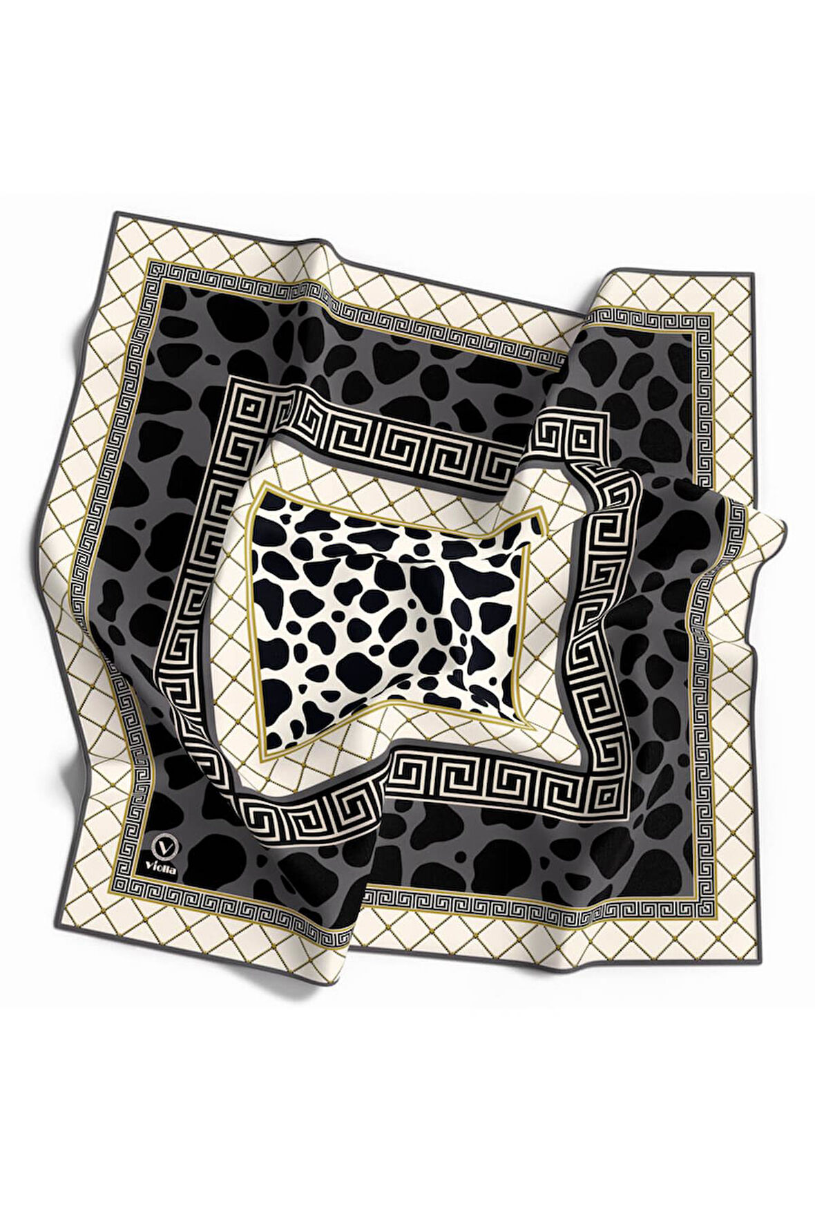 Twill Taş Desenli Füme Renkli 90x90 Eşarp (İpek İçermez) Kenar Dikiş Şekli El Dikişli