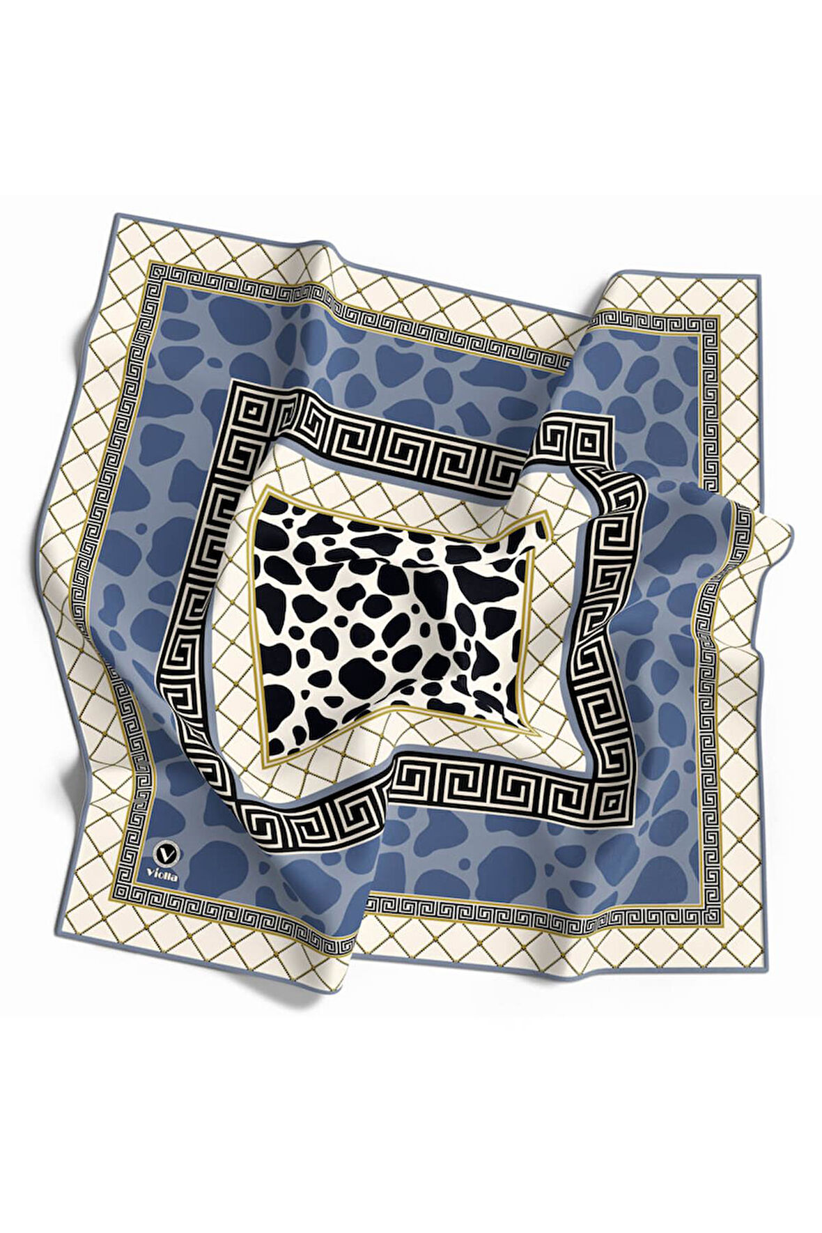 Twill Taş Desenli Bebe Mavisi Renkli 90x90 Eşarp (İpek İçermez) Kenar Dikiş Şekli El Dikişli