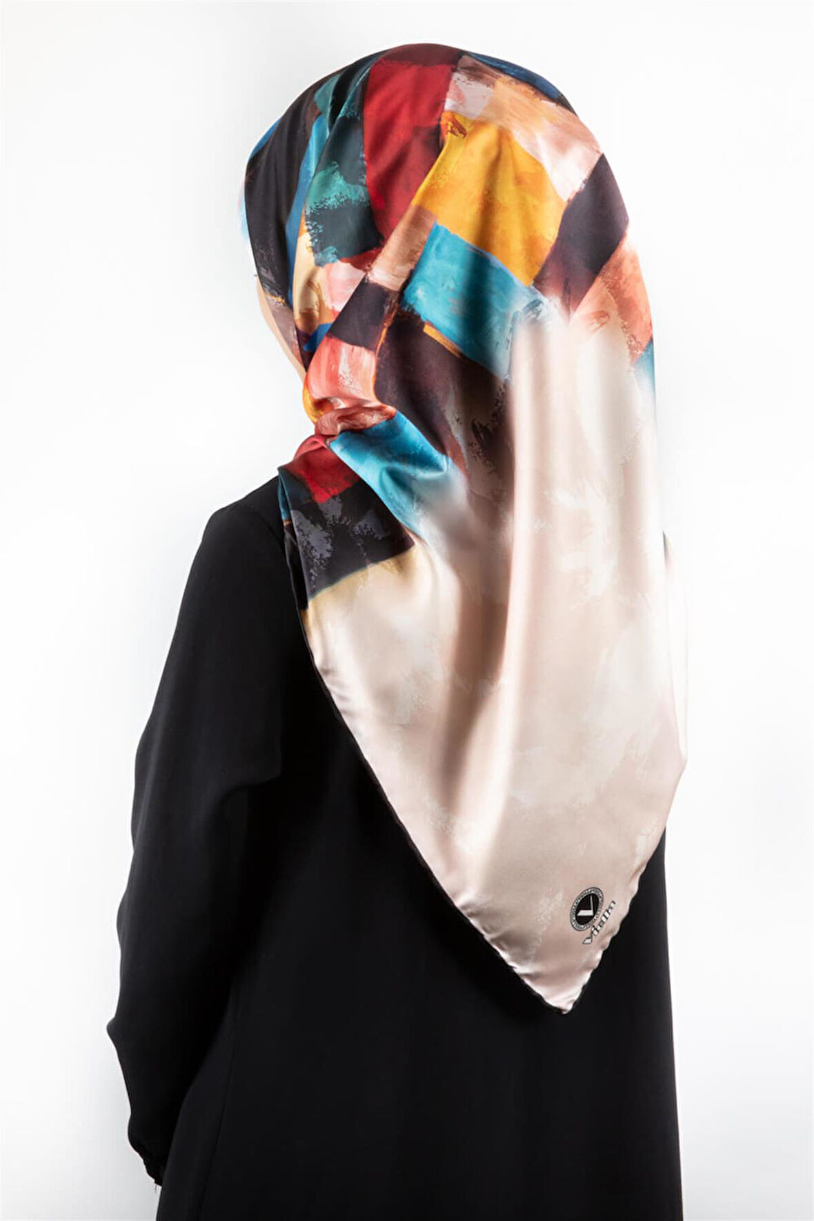 Twill Yağlı Boya Desenli Petrol Mavisi Renkli 90x90 Eşarp (İpek İçermez) Kenar Dikiş Şekli El Dikişli