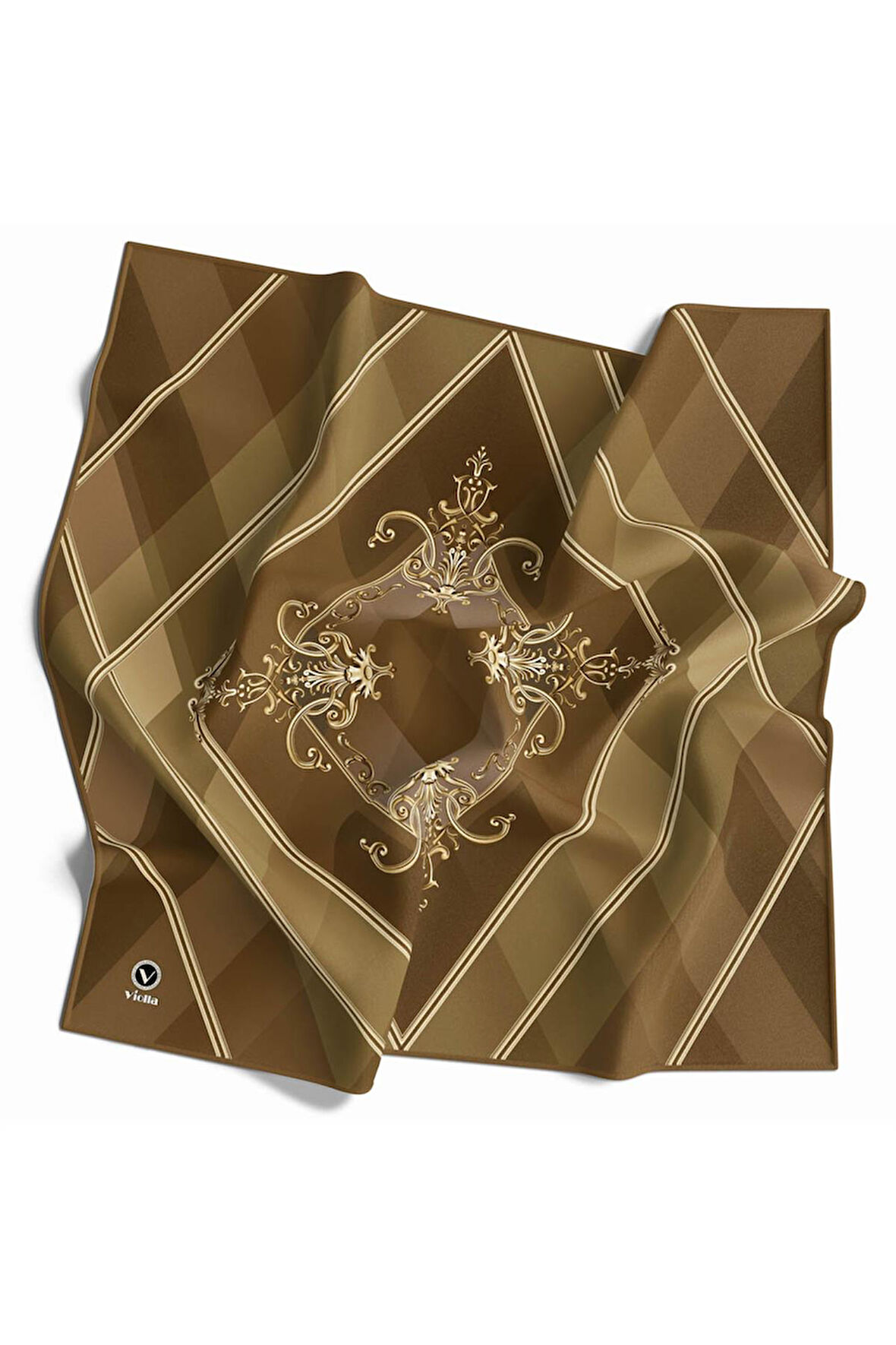 Twill Ekoseli Barok Desenli Vizon Renkli 90x90 Eşarp (İpek İçermez) Kenar Dikiş Şekli El Dikişli