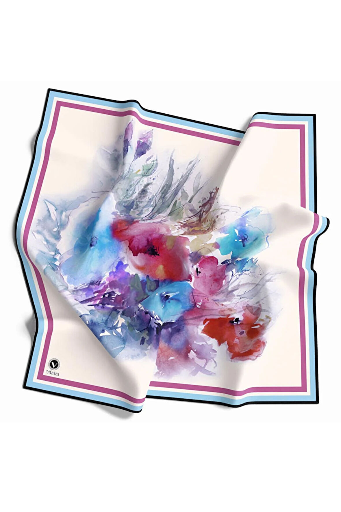 Rayon Zincir Desenli Bebe Mavisi Renkli 90x90 Eşarp (İpek İçermez) Kenar Dikiş Şekli El Dikişli