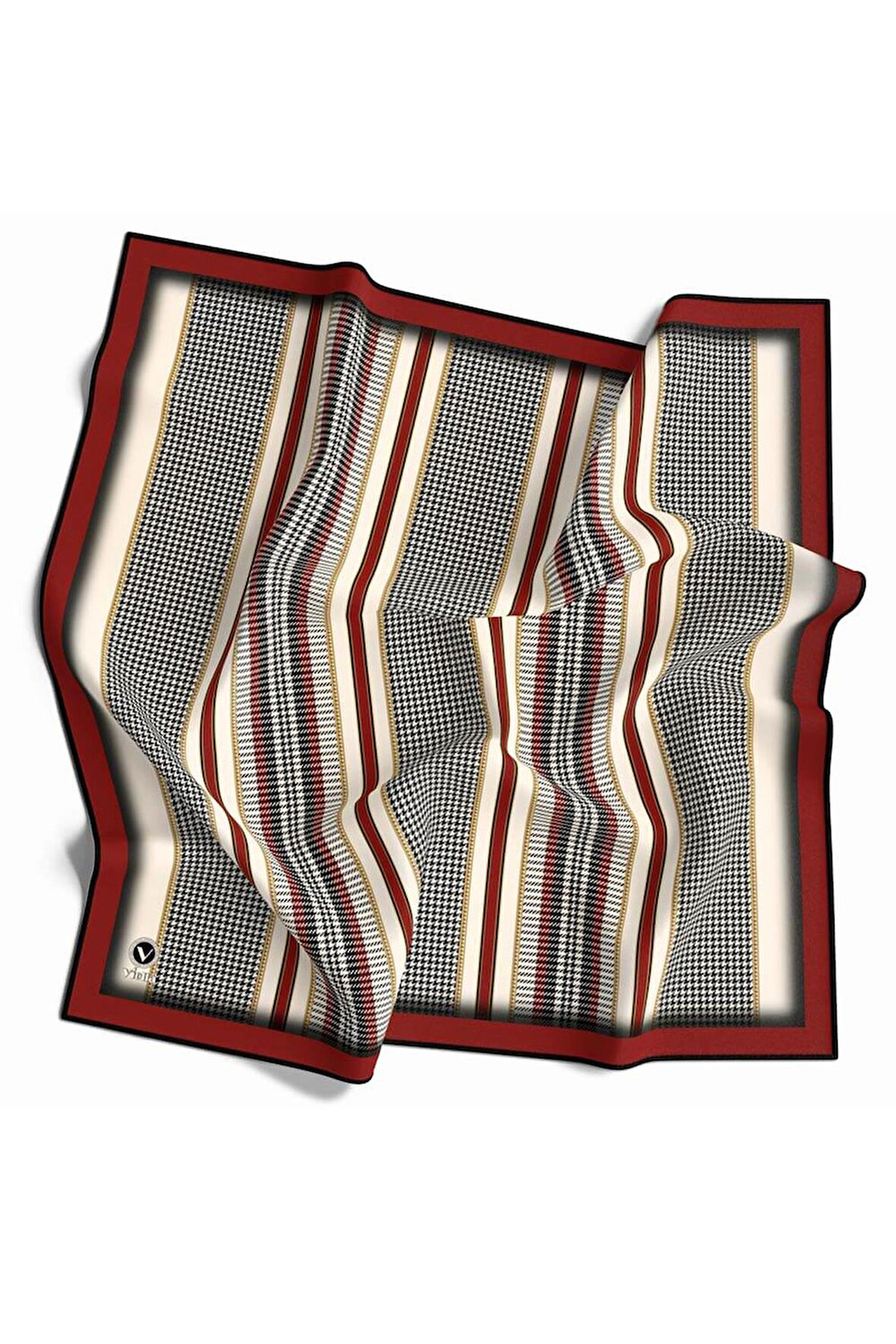 Twill Kazayaklı Şerit Desenli Bordo Renkli 90x90 Eşarp (İpek İçermez) Kenar Dikiş Şekli El Dikişli