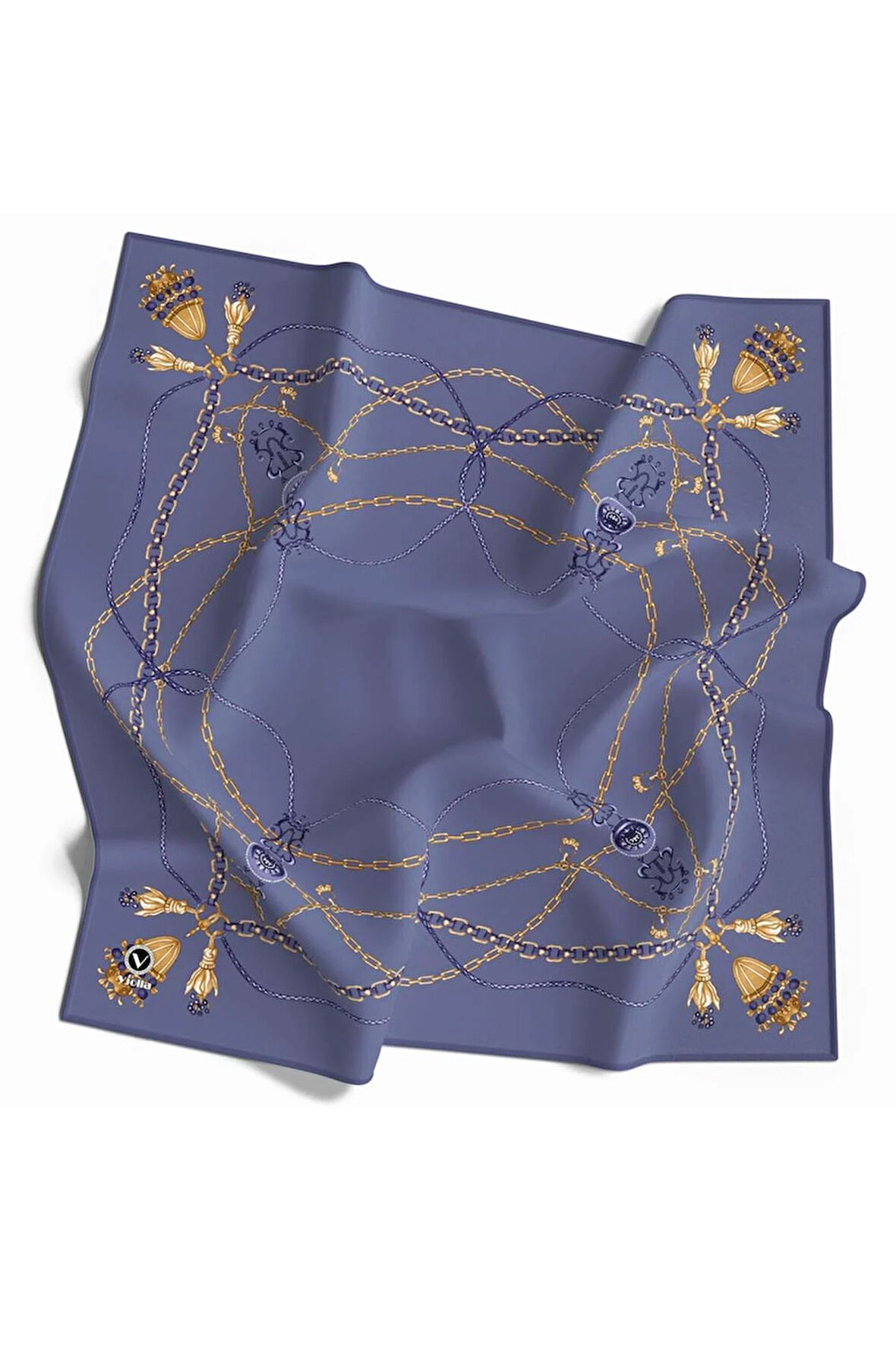 Kristal Geometrik Desenli İndigo Renkli 90x90 Eşarp (İpek İçermez) Kenar Dikiş Şekli El Dikişli