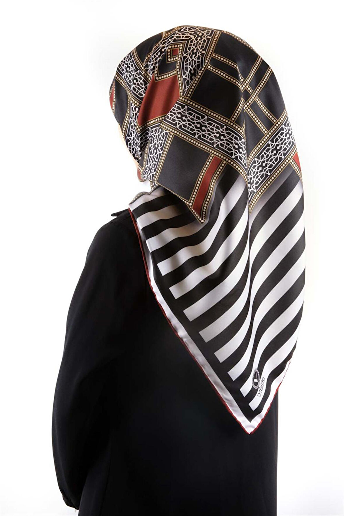 Twill Çizgili ve Kareli Desenli Bordo Renkli 90x90 Eşarp (İpek İçermez) Kenar Dikiş Şekli El Dikişli