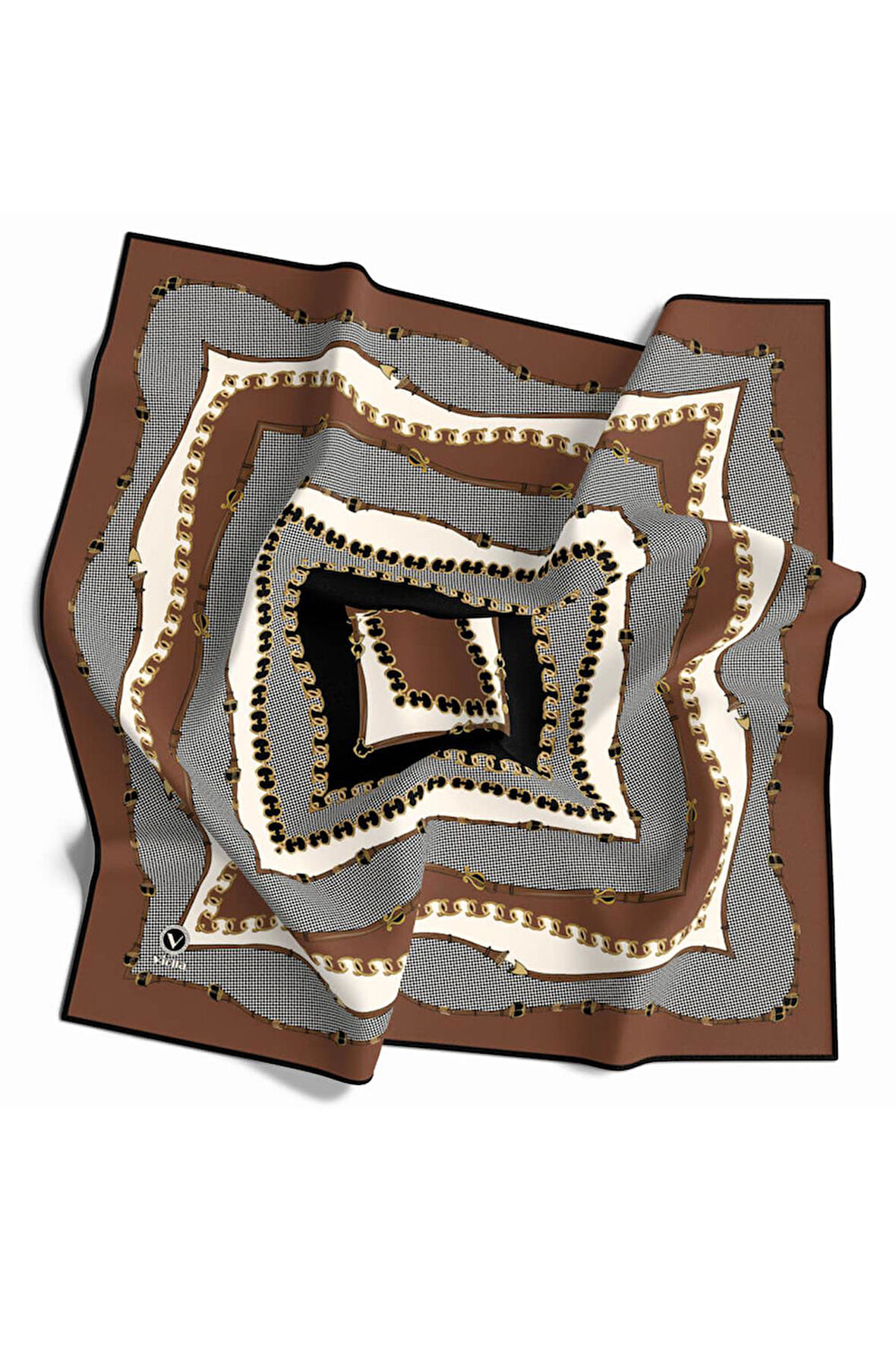 Twill Bordürlü ve Zincir Desenli Bakır Renkli 90x90 Eşarp (İpek İçermez) Kenar Dikiş Şekli El Dikişli