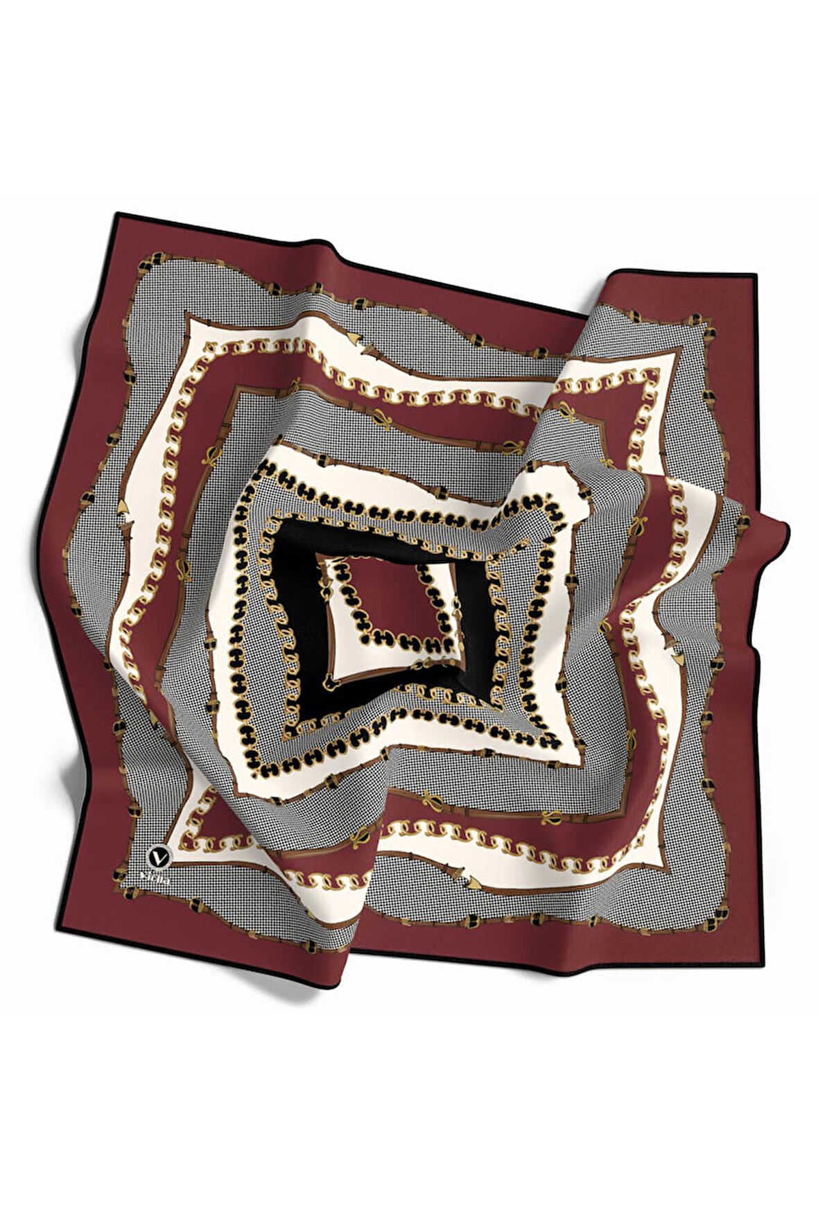 Twill Bordürlü ve Zincir Desenli Gül Kurusu Renkli 90x90 Eşarp (İpek İçermez) Kenar Dikiş Şekli El Dikişli