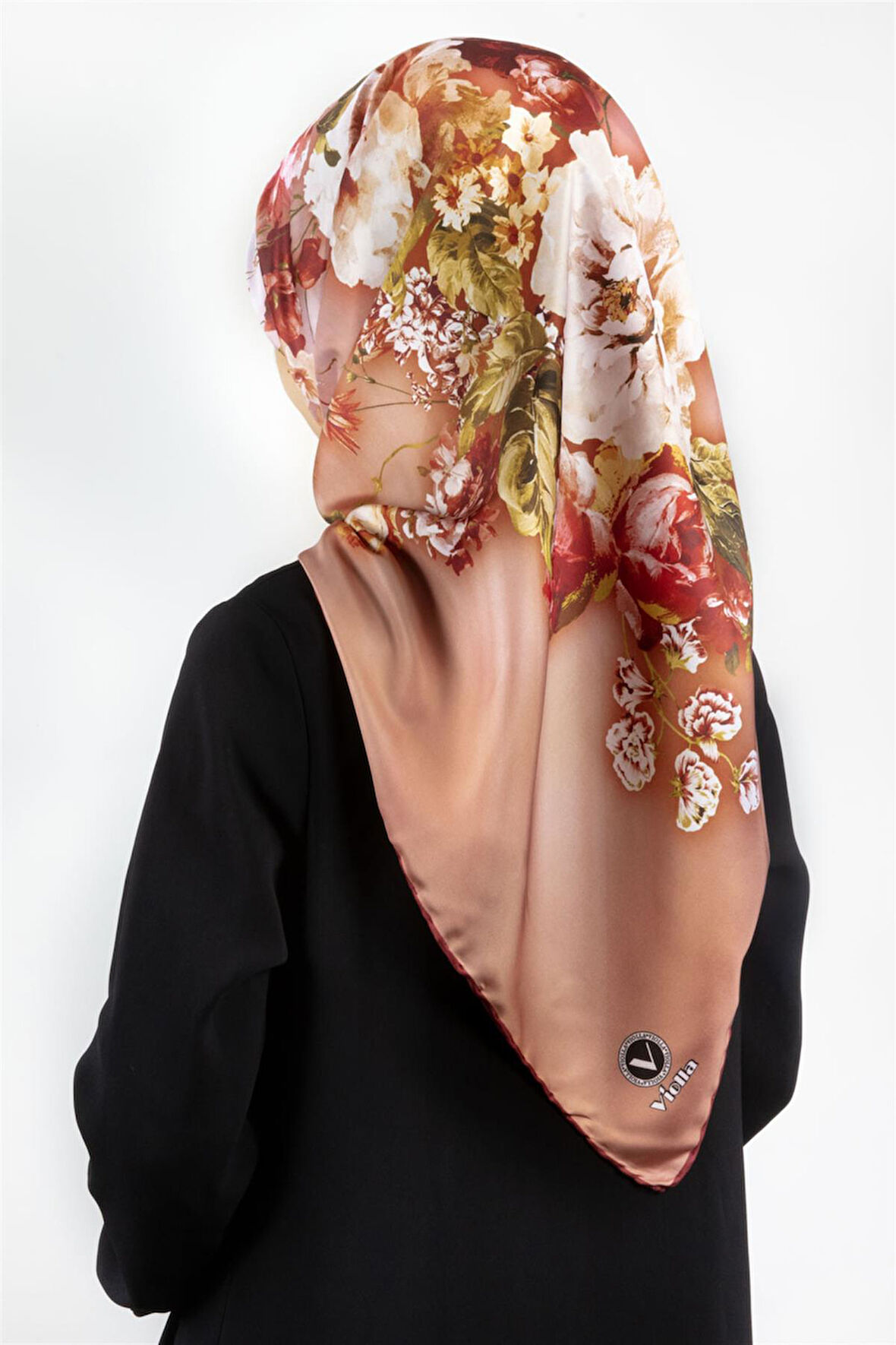 Twill Degradeli Çiçek Desenli Taba Renkli 90x90 Eşarp (İpek İçermez) Kenar Dikiş Şekli El Dikişli