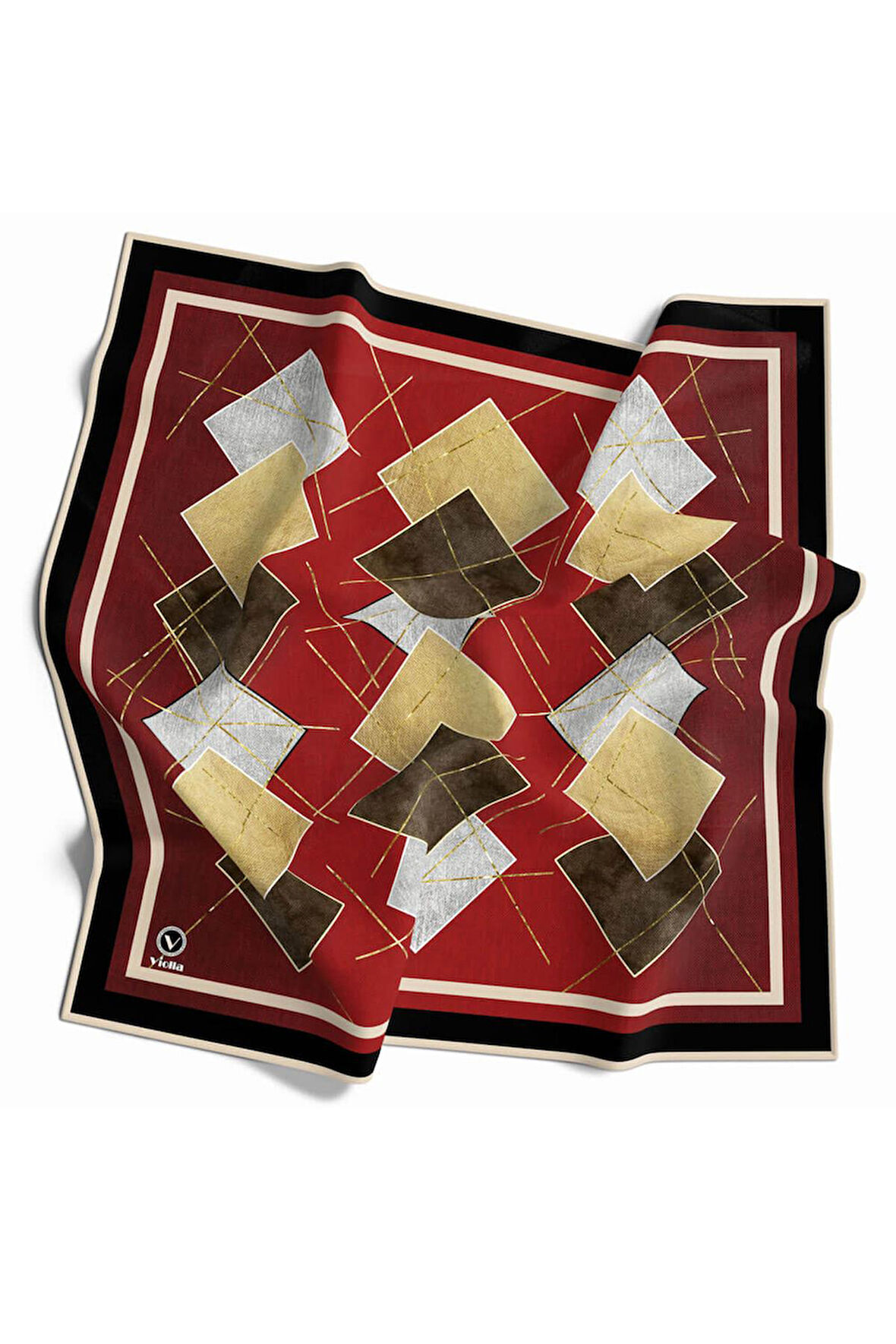 Twill Geometrik Desenli Bordo Renkli 90x90 Eşarp (İpek İçermez) Kenar Dikiş Şekli El Dikişli