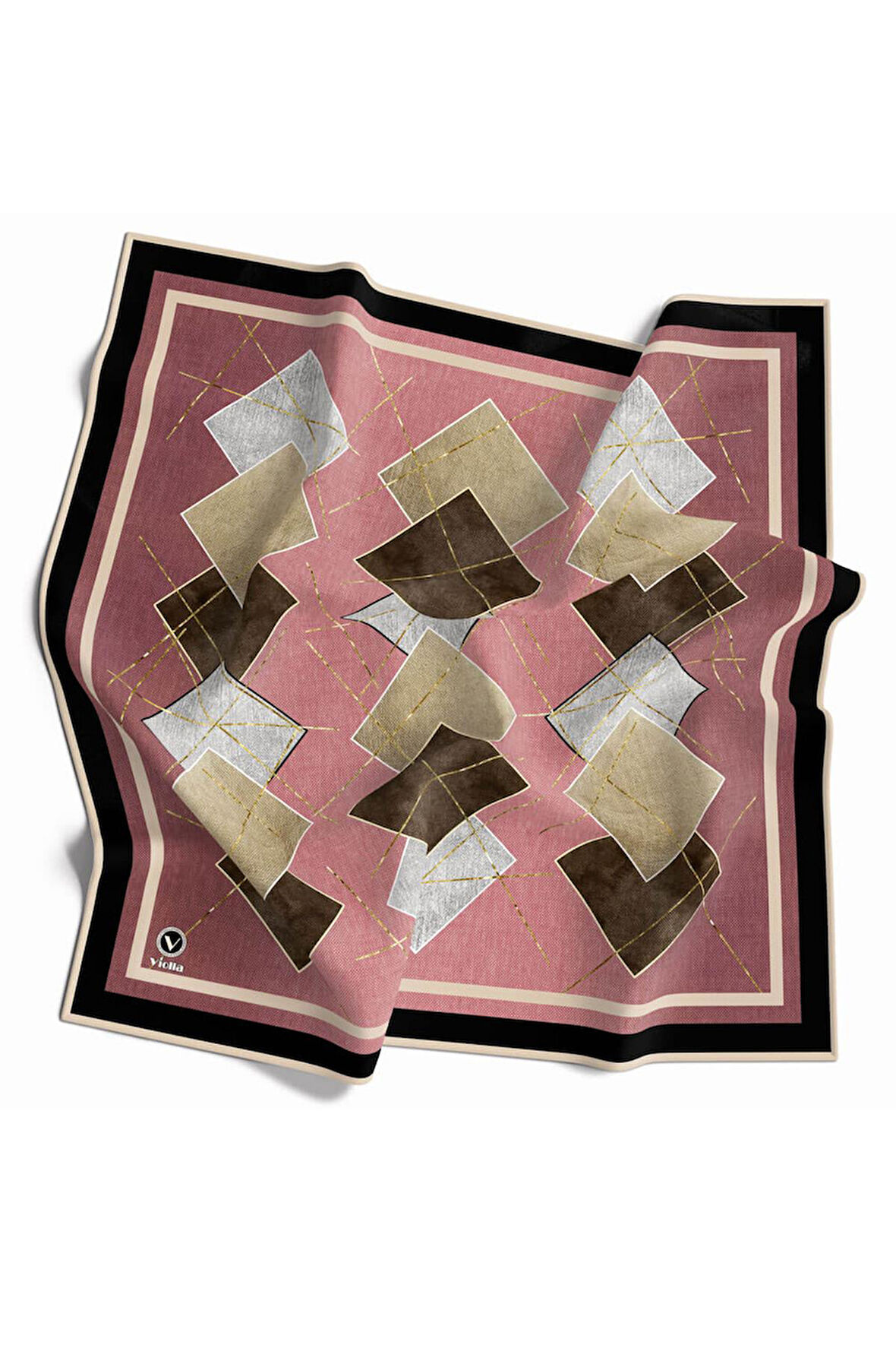 Twill Geometrik Desenli Pudra Renkli 90x90 Eşarp (İpek İçermez) Kenar Dikiş Şekli El Dikişli