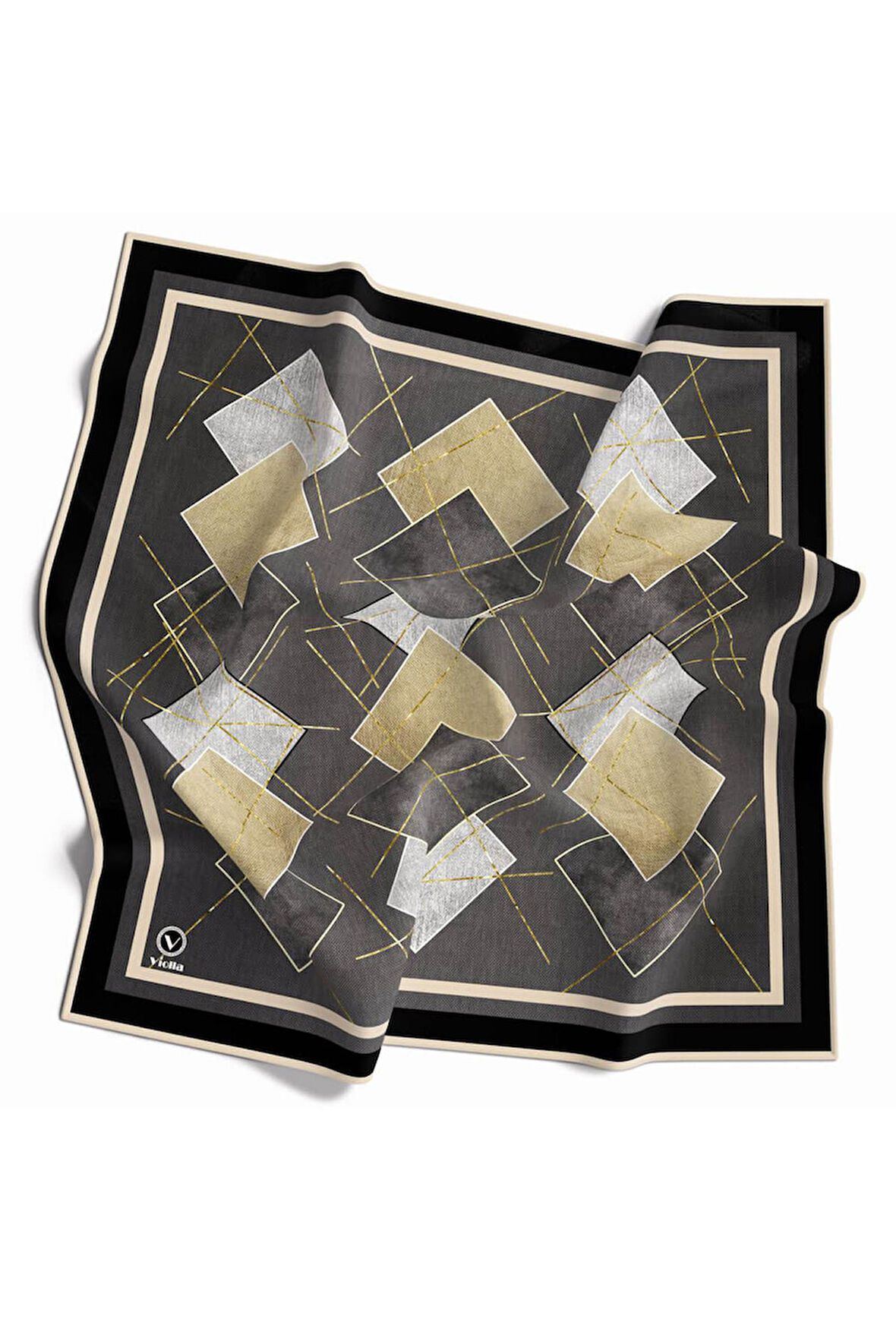 Twill Geometrik Desenli Gri Renkli 90x90 Eşarp (İpek İçermez) Kenar Dikiş Şekli El Dikişli