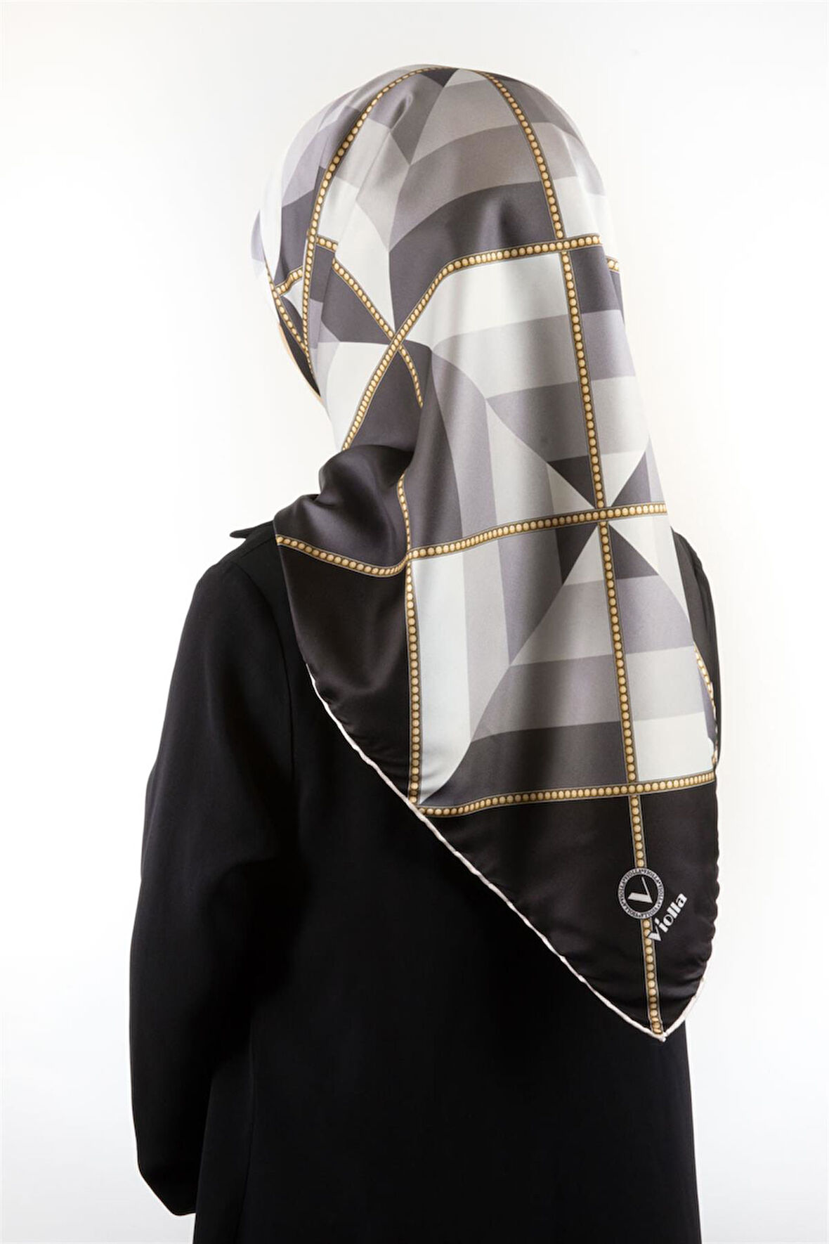 Twill Geometrik Desenli Siyah - Gri Renkli 90x90 Eşarp (İpek İçermez) Kenar Dikiş Şekli El Dikişli