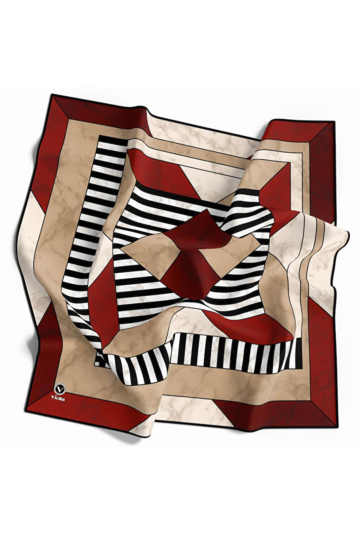 Twill Çizgili Geometrik Mermer Desenli Bordo Renkli 90x90 Eşarp (İpek İçermez) Kenar Dikiş Şekli El Dikişli