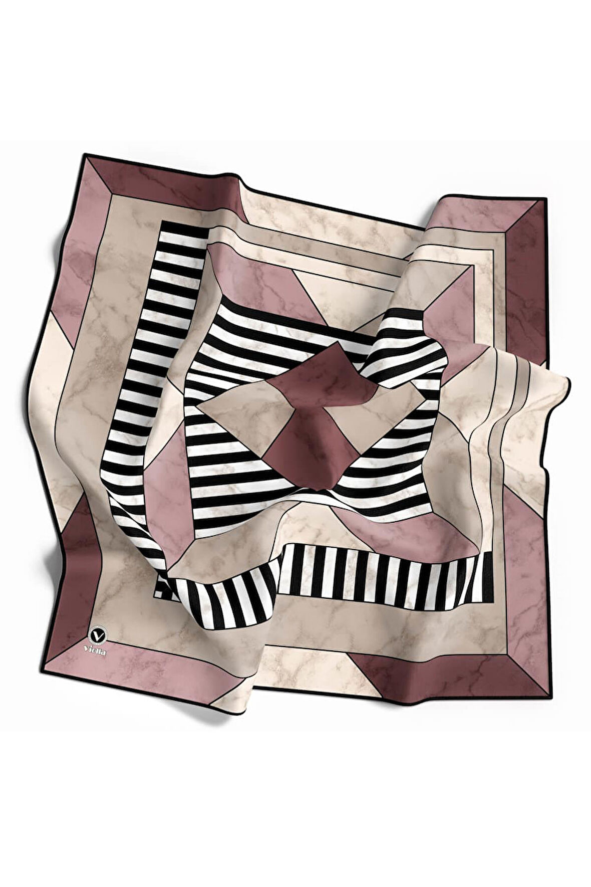 Twill Çizgili Geometrik Mermer Desenli Pudra Renkli 90x90 Eşarp (İpek İçermez) Kenar Dikiş Şekli El Dikişli