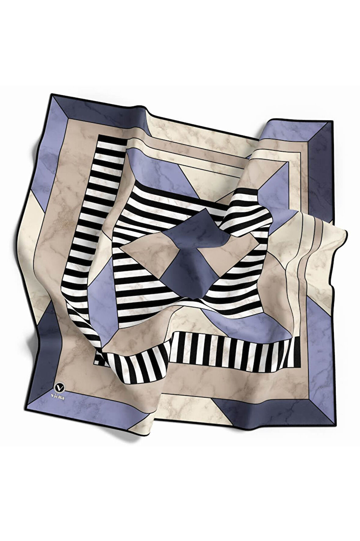 Twill Çizgili Geometrik Mermer Desenli İndigo Renkli 90x90 Eşarp (İpek İçermez) Kenar Dikiş Şekli El Dikişli