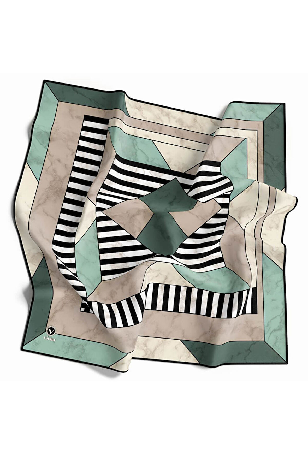 Twill Çizgili Geometrik Mermer Desenli Mint Yeşili Renkli 90x90 Eşarp (İpek İçermez) Kenar Dikiş Şekli El Dikişli