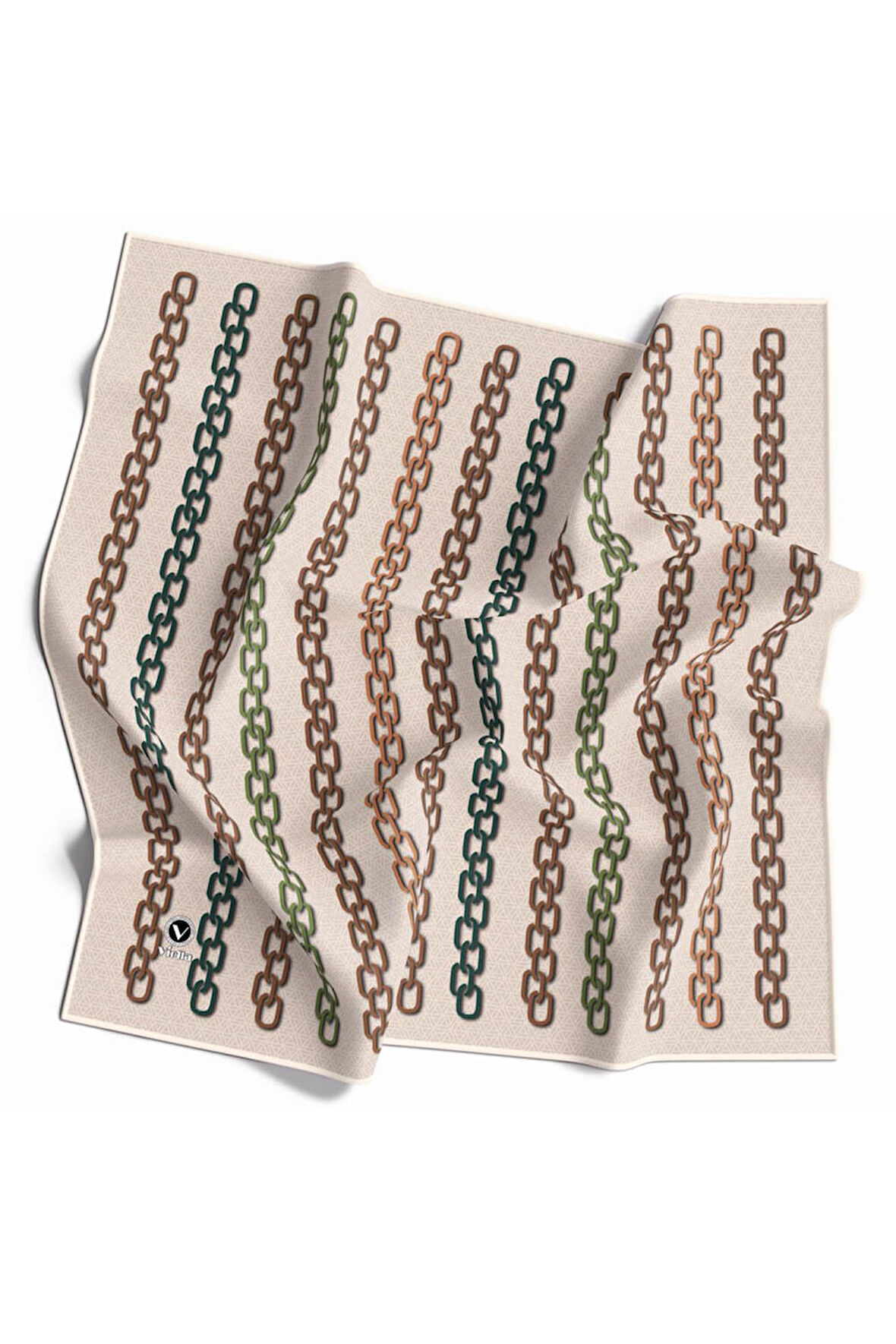 Twill Zincir Desenli Bej - Vizon Renkli 90x90 Eşarp (İpek İçermez) Kenar Dikiş Şekli El Dikişli