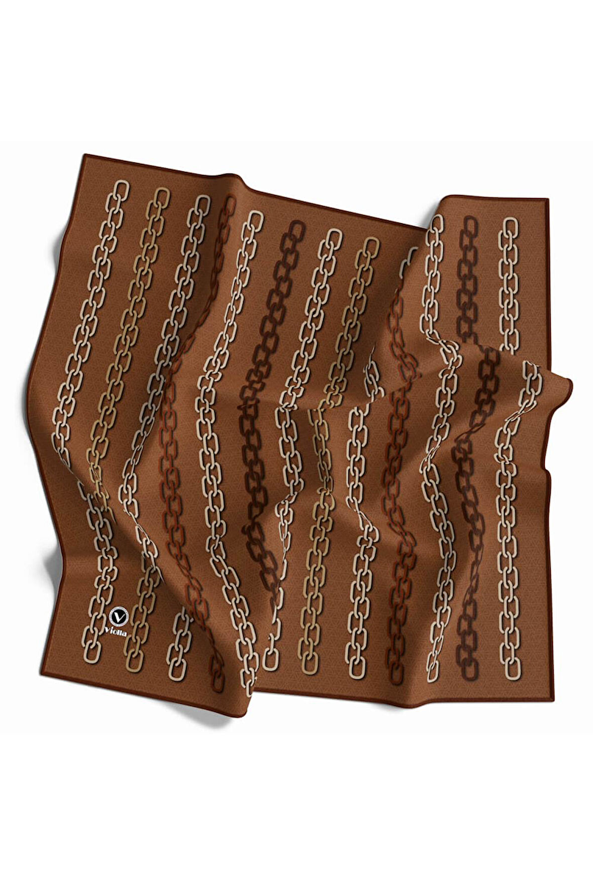 Twill Zincir Desenli Taba Renkli 90x90 Eşarp (İpek İçermez) Kenar Dikiş Şekli El Dikişli