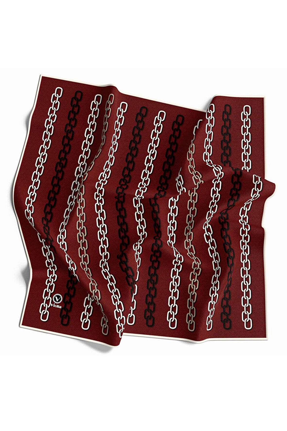 Twill Zincir Desenli Bordo Renkli 90x90 Eşarp (İpek İçermez) Kenar Dikiş Şekli El Dikişli