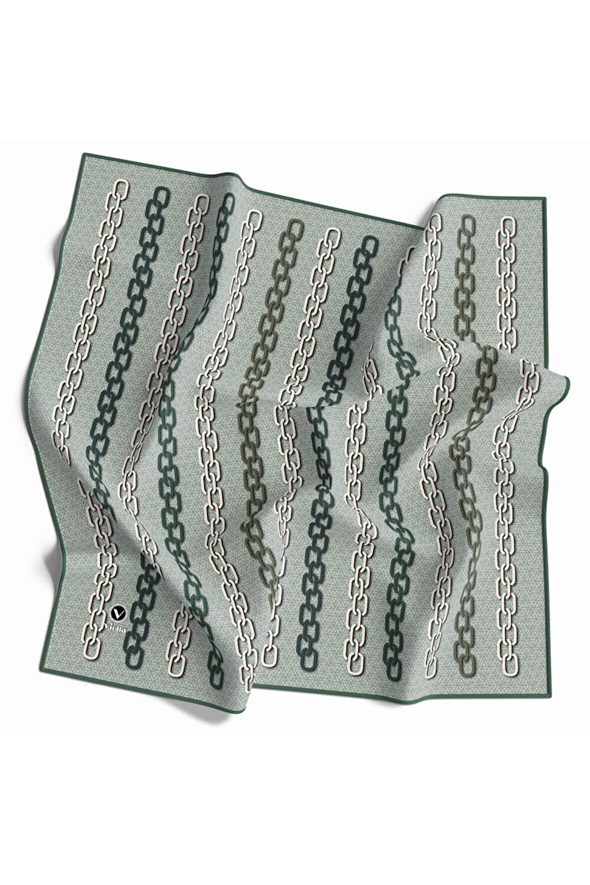 Twill Zincir Desenli Koyu Mint Yeşili Renkli 90x90 Eşarp (İpek İçermez) Kenar Dikiş Şekli El Dikişli