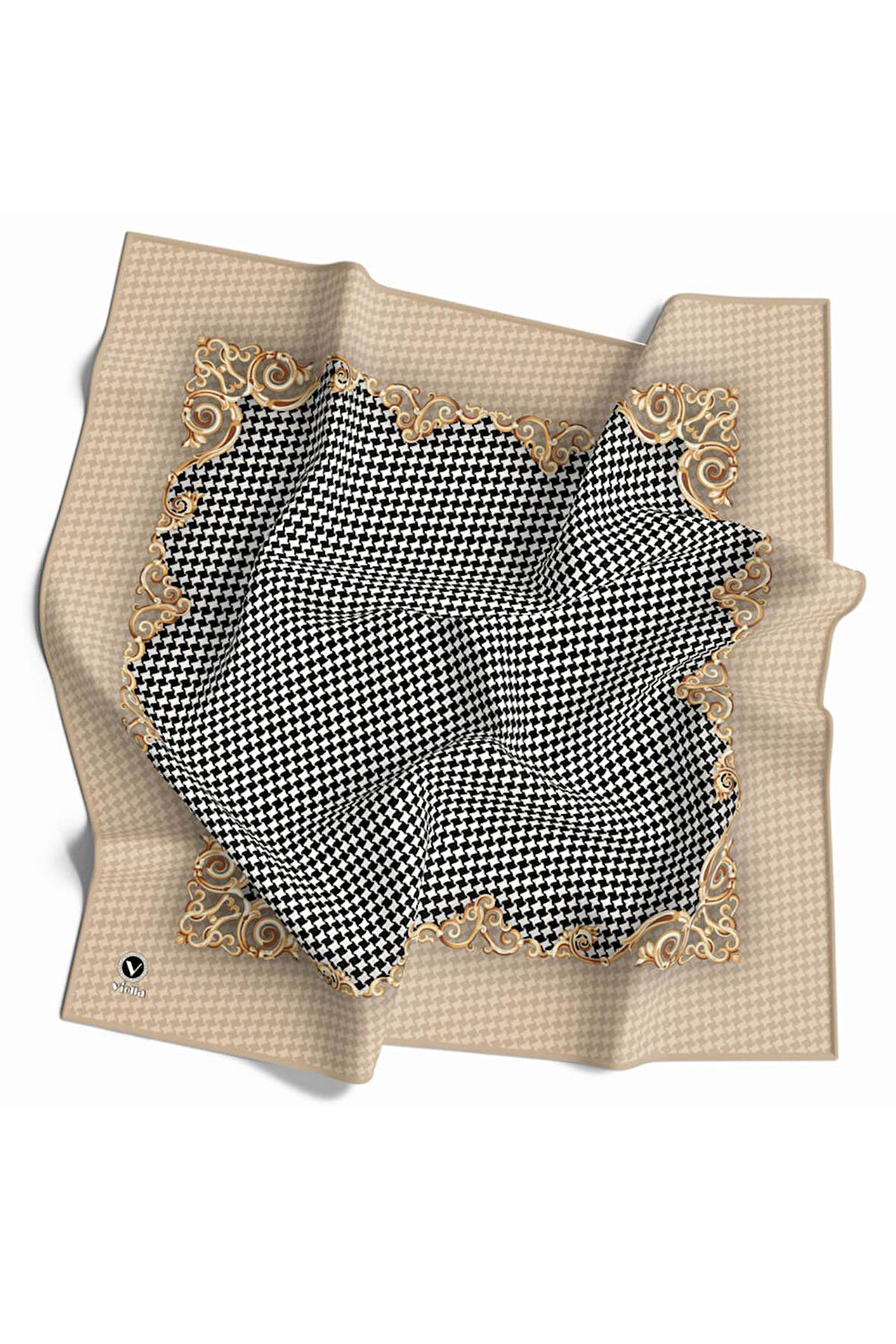 Soft Bordürlü Barok Çerçeveli Kazayağı Desenli Bej Renkli 90x90 Eşarp (İpek İçermez) Kenar Dikiş Şekli El Dikişli