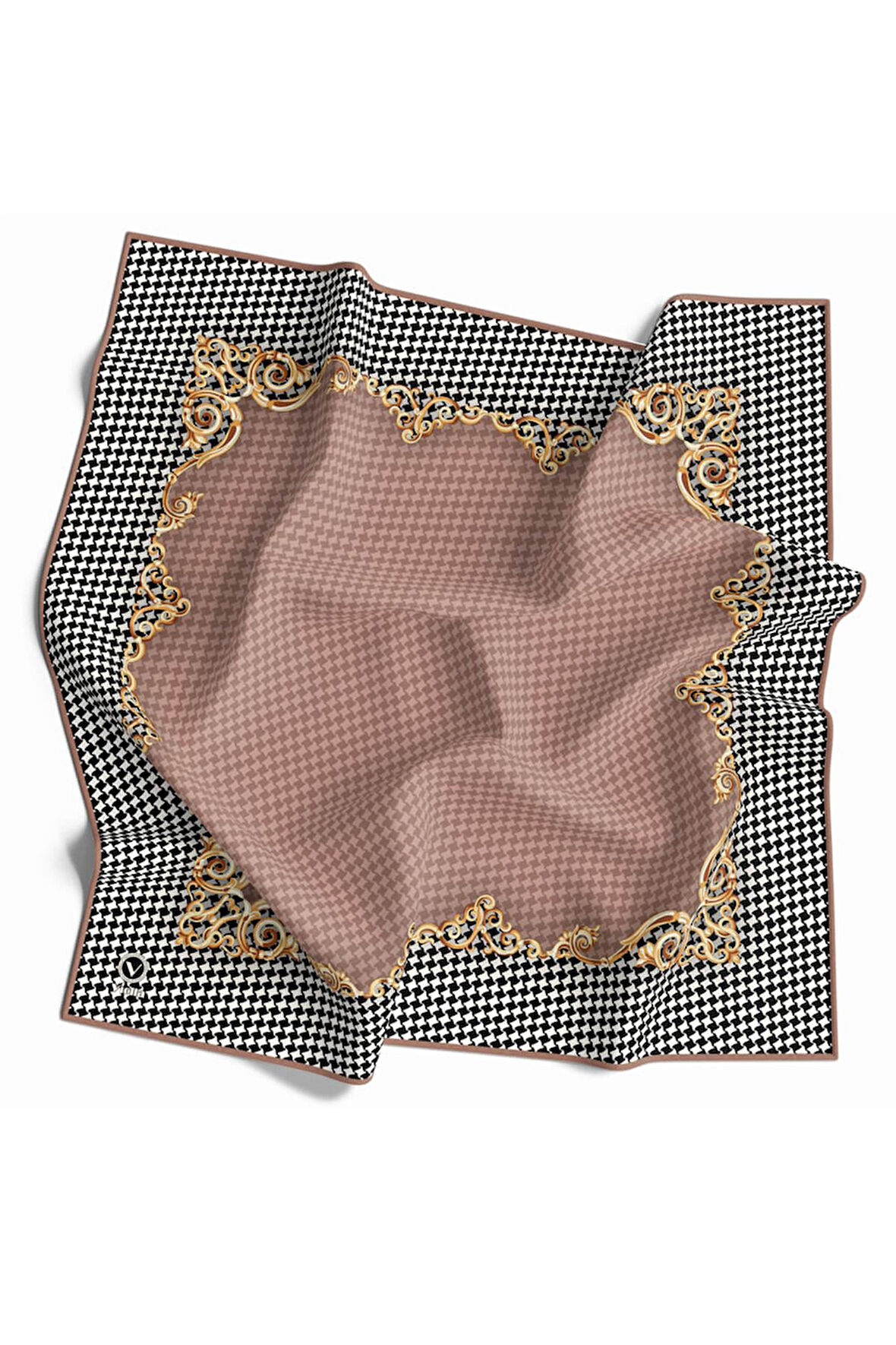 Soft Bordürlü Barok Çerçeveli Kazayağı Desenli Pudra Renkli 90x90 Eşarp (İpek İçermez) Kenar Dikiş Şekli El Dikişli