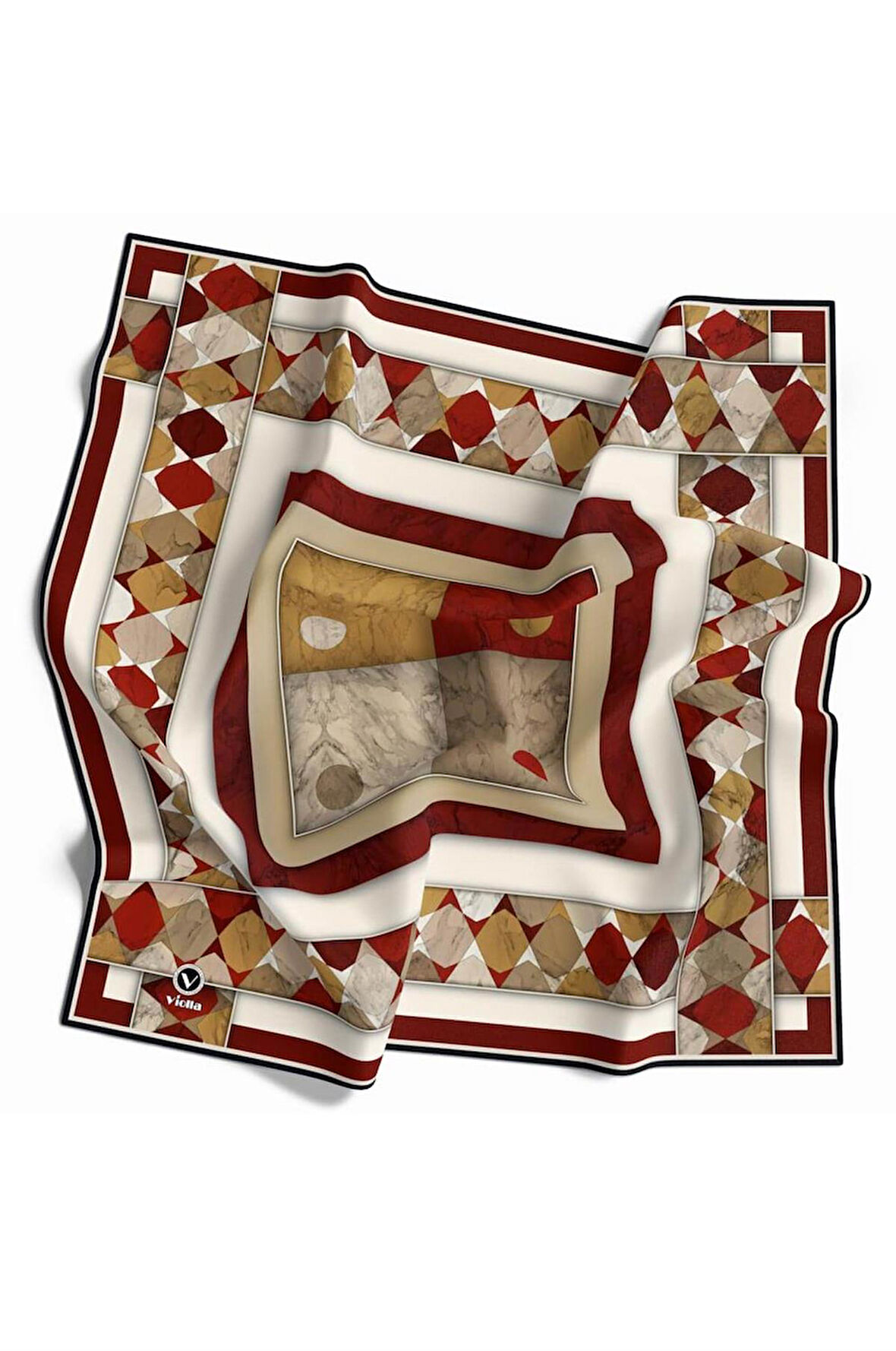 Twill Geometrik Mermer Desenli Bordo Renkli 90x90 Eşarp (İpek İçermez) Kenar Dikiş Şekli El Dikişli
