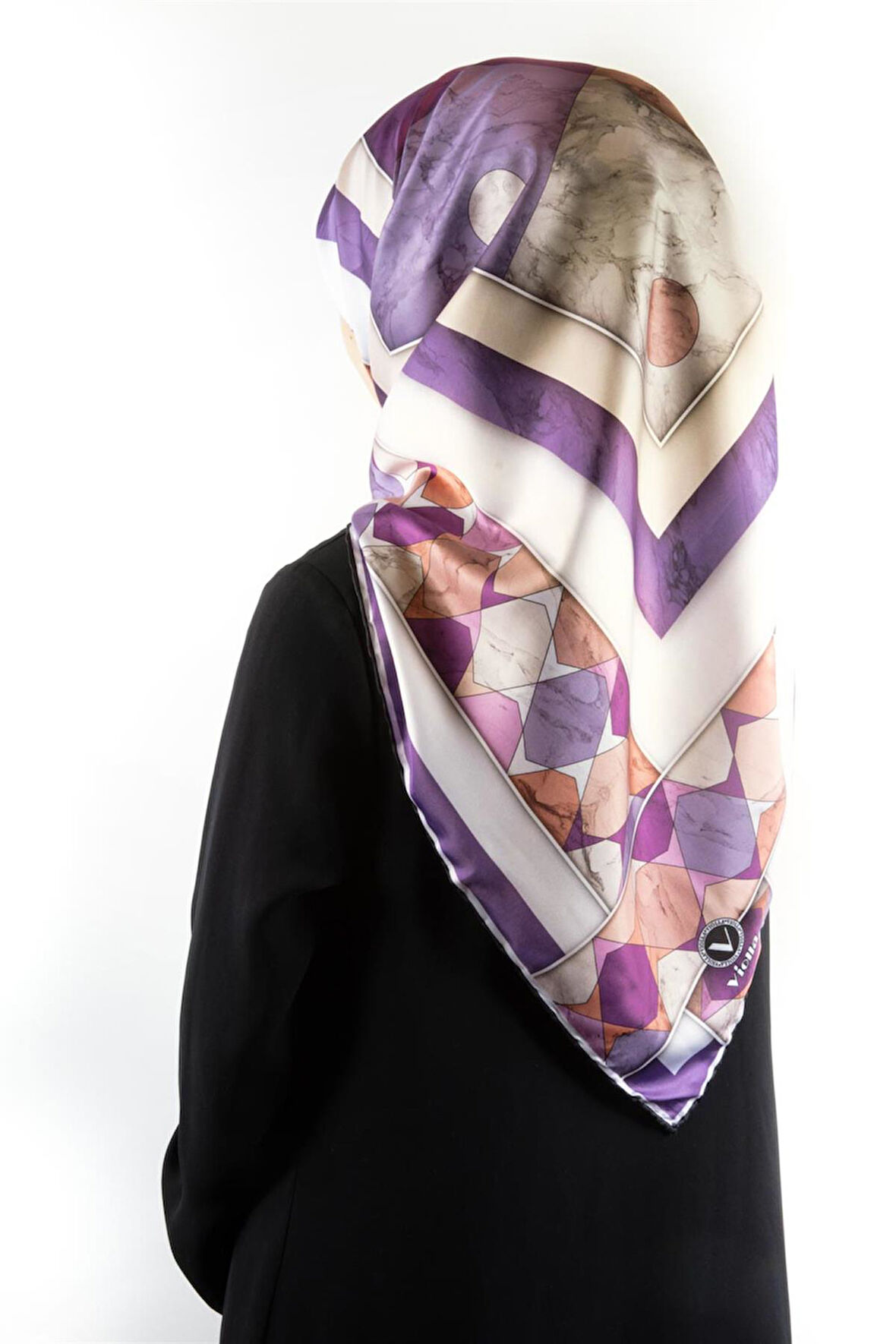 Twill Geometrik Mermer Desenli Lila Renkli 90x90 Eşarp (İpek İçermez) Kenar Dikiş Şekli El Dikişli