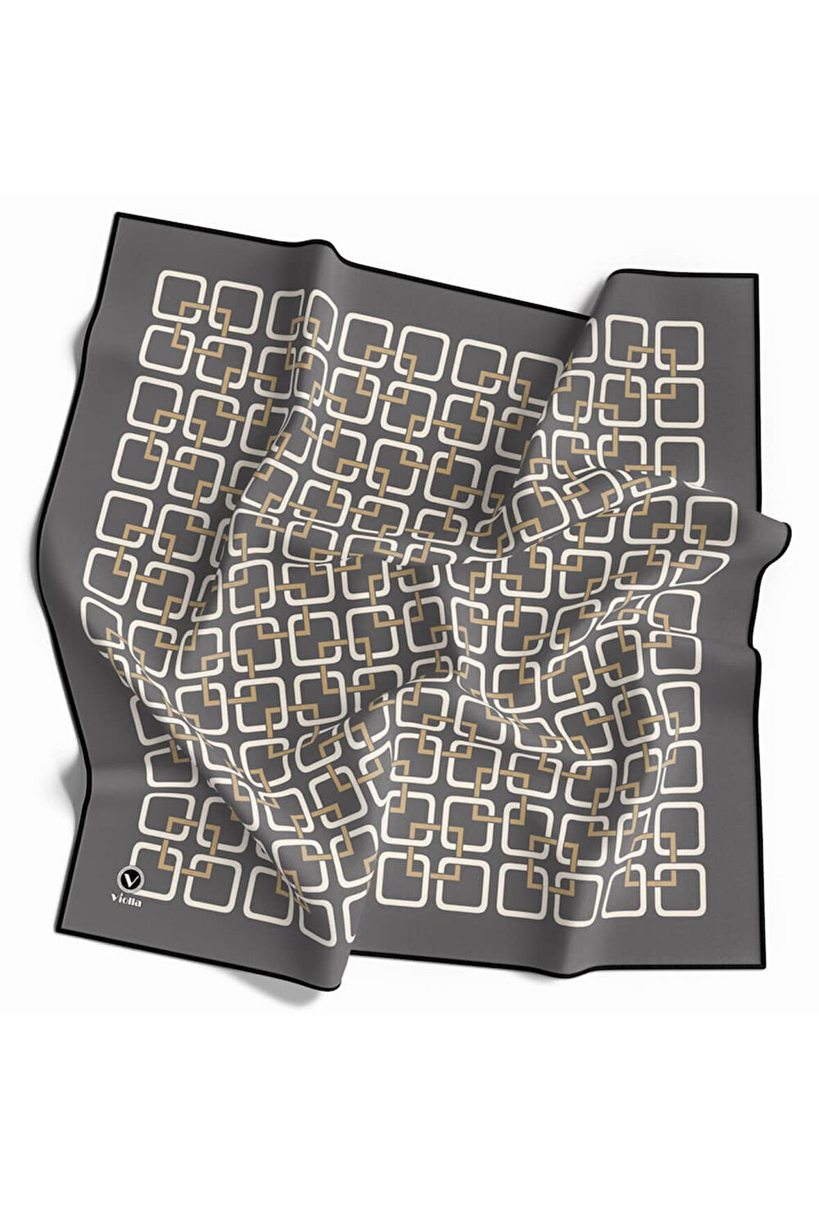 Twill Geometrik Desenli Gri Renkli 90x90 Eşarp (İpek İçermez) Kenar Dikiş Şekli El Dikişli