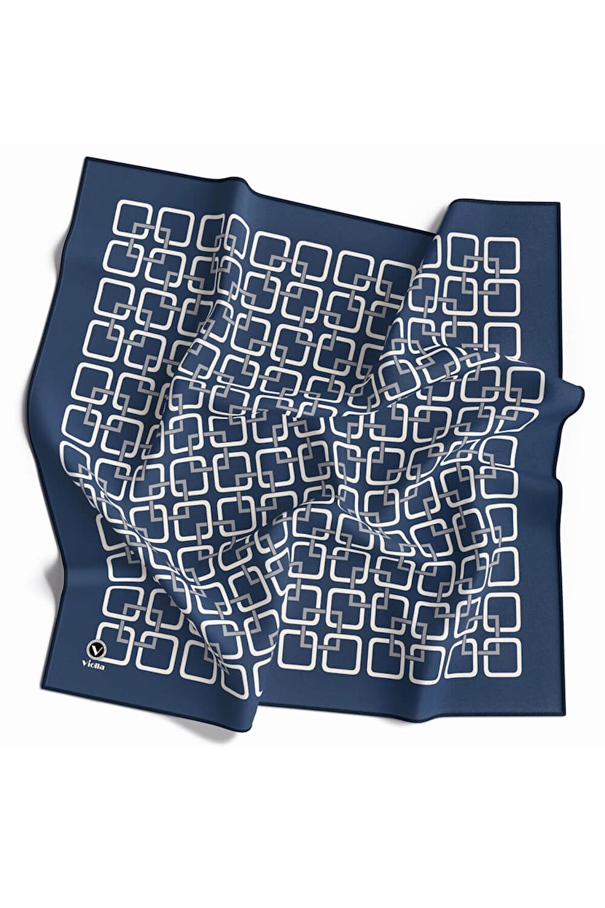 Twill Geometrik Desenli İndigo Renkli 90x90 Eşarp (İpek İçermez) Kenar Dikiş Şekli El Dikişli