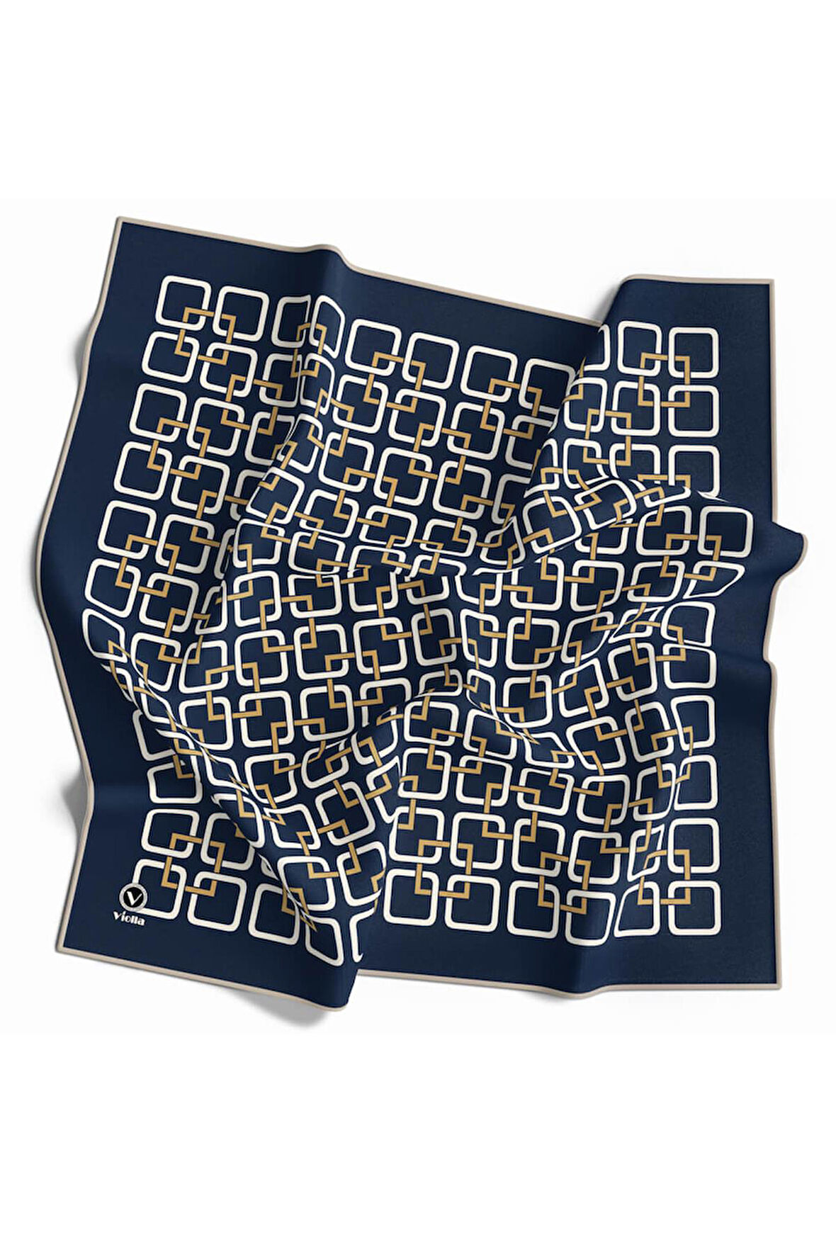 Twill Geometrik Desenli Lacivert Renkli 90x90 Eşarp (İpek İçermez) Kenar Dikiş Şekli El Dikişli