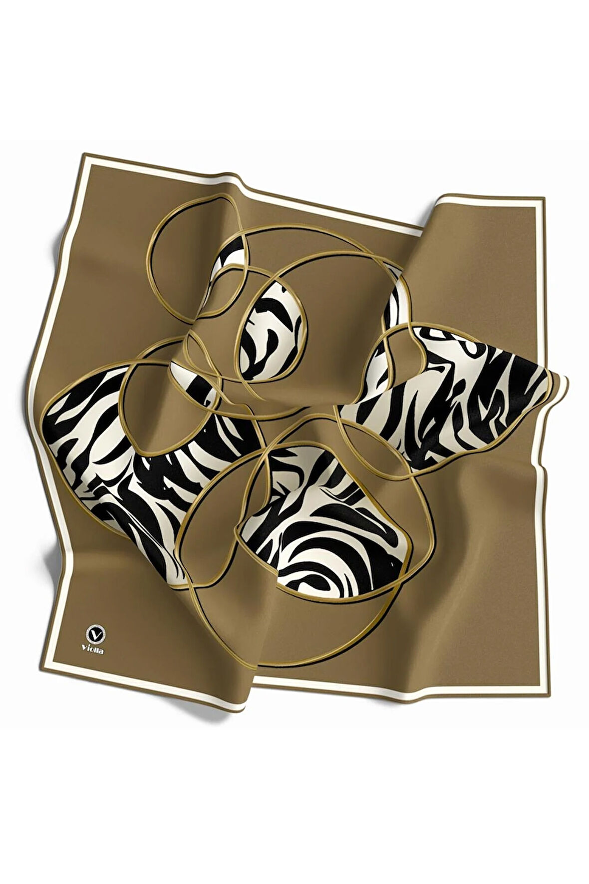 Soft Çember ve Zebra Desenli Vizon Renkli 90x90 Eşarp (İpek İçermez) Kenar Dikiş Şekli El Dikişli