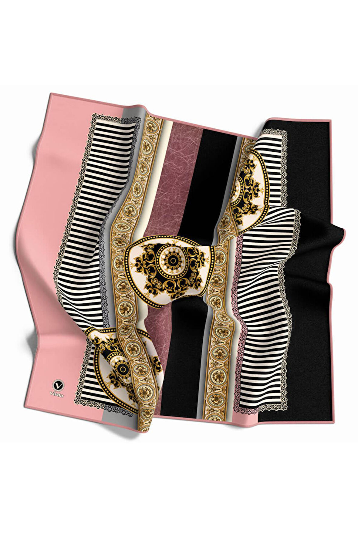 Twill Çizgili ve Barok Desenli Pudra Renkli 90x90 Eşarp (İpek İçermez) Kenar Dikiş Şekli El Dikişli