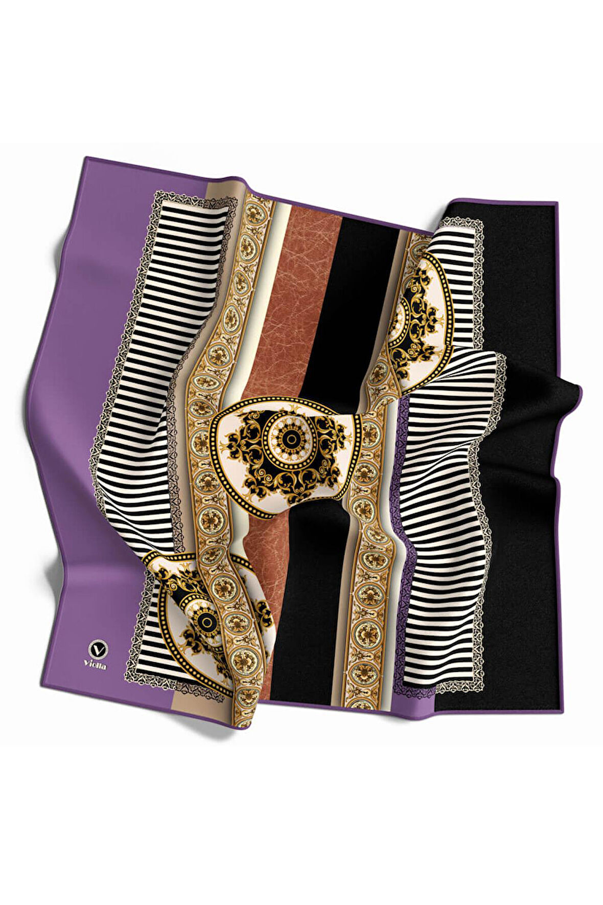 Twill Çizgili ve Barok Desenli Mor Renkli 90x90 Eşarp (İpek İçermez) Kenar Dikiş Şekli El Dikişli