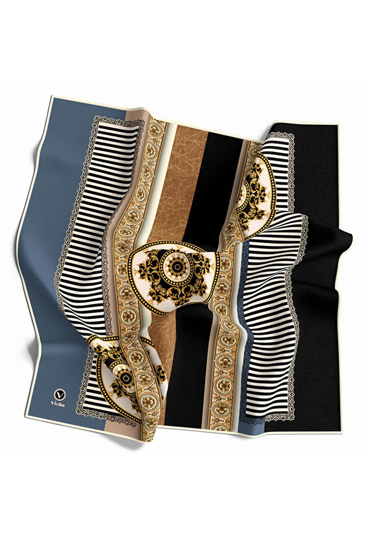 Twill Çizgili ve Barok Desenli İndigo Renkli 90x90 Eşarp (İpek İçermez) Kenar Dikiş Şekli El Dikişli