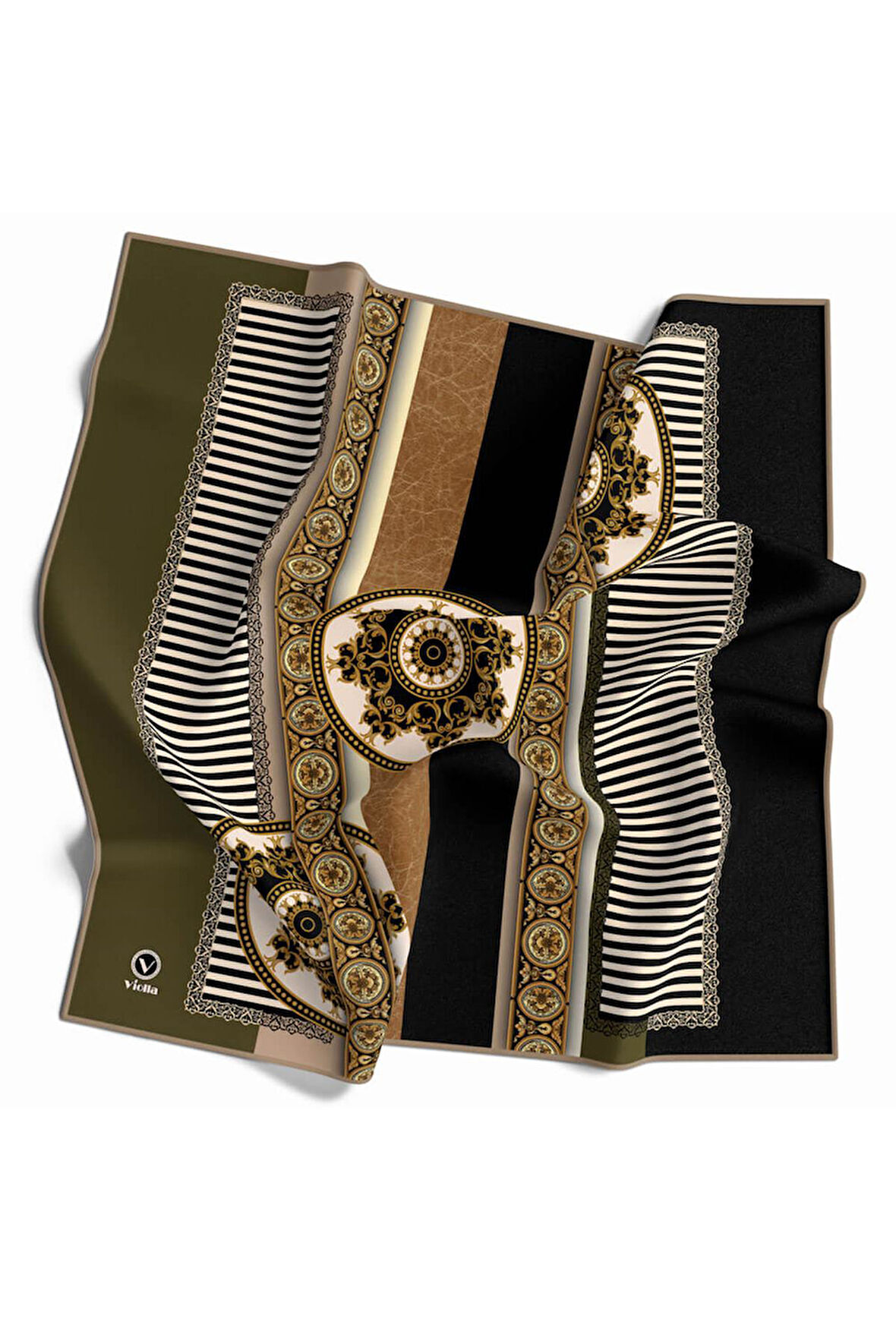 Twill Çizgili ve Barok Desenli Haki Renkli 90x90 Eşarp (İpek İçermez) Kenar Dikiş Şekli El Dikişli