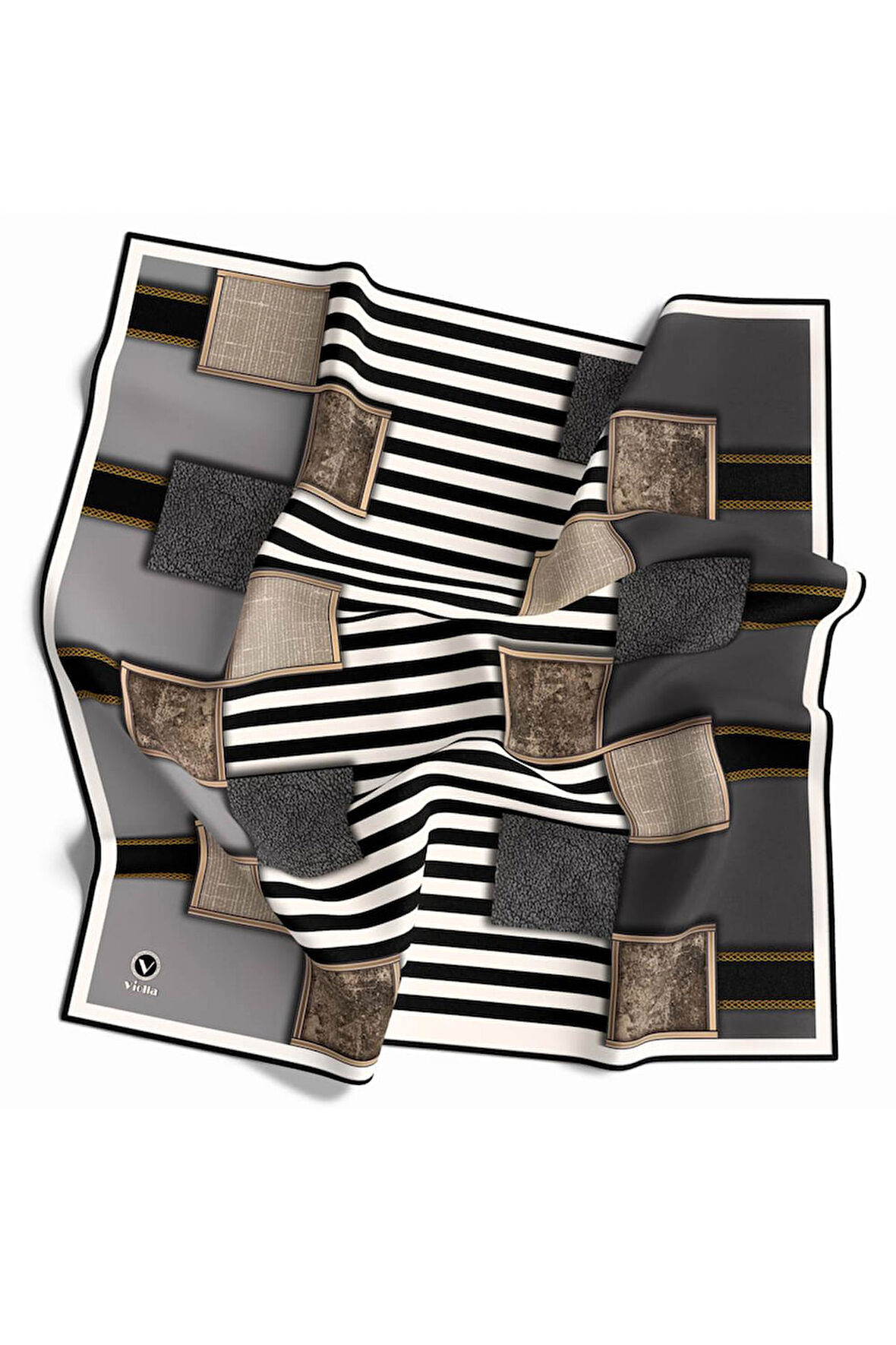 Twill Geometrik Ve Çizgili Desenli Gri Renkli 90x90 Eşarp (İpek İçermez) Dikim Şekli : El Dikişi