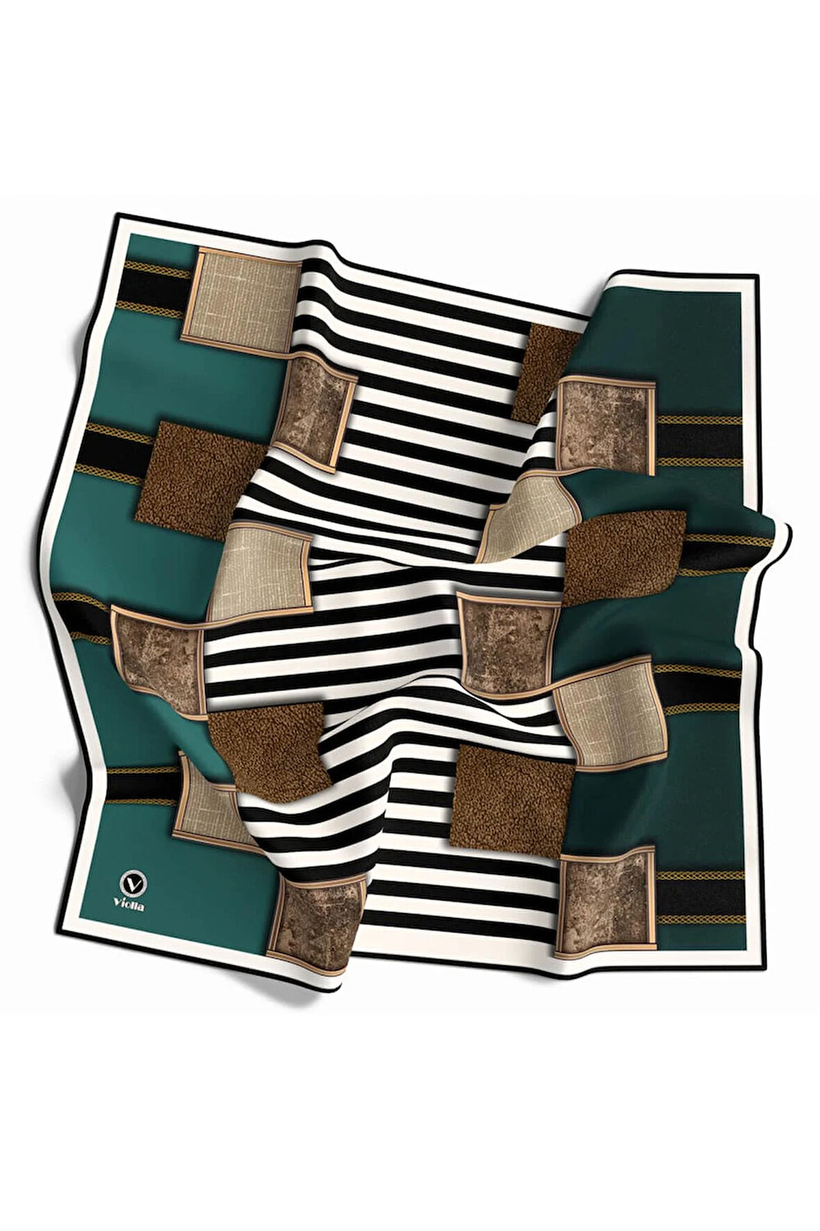 Twill Geometrik Ve Çizgili Desenli Petrol Yeşili Renkli 90x90 Eşarp (İpek İçermez) Dikim Şekli : El Dikişi