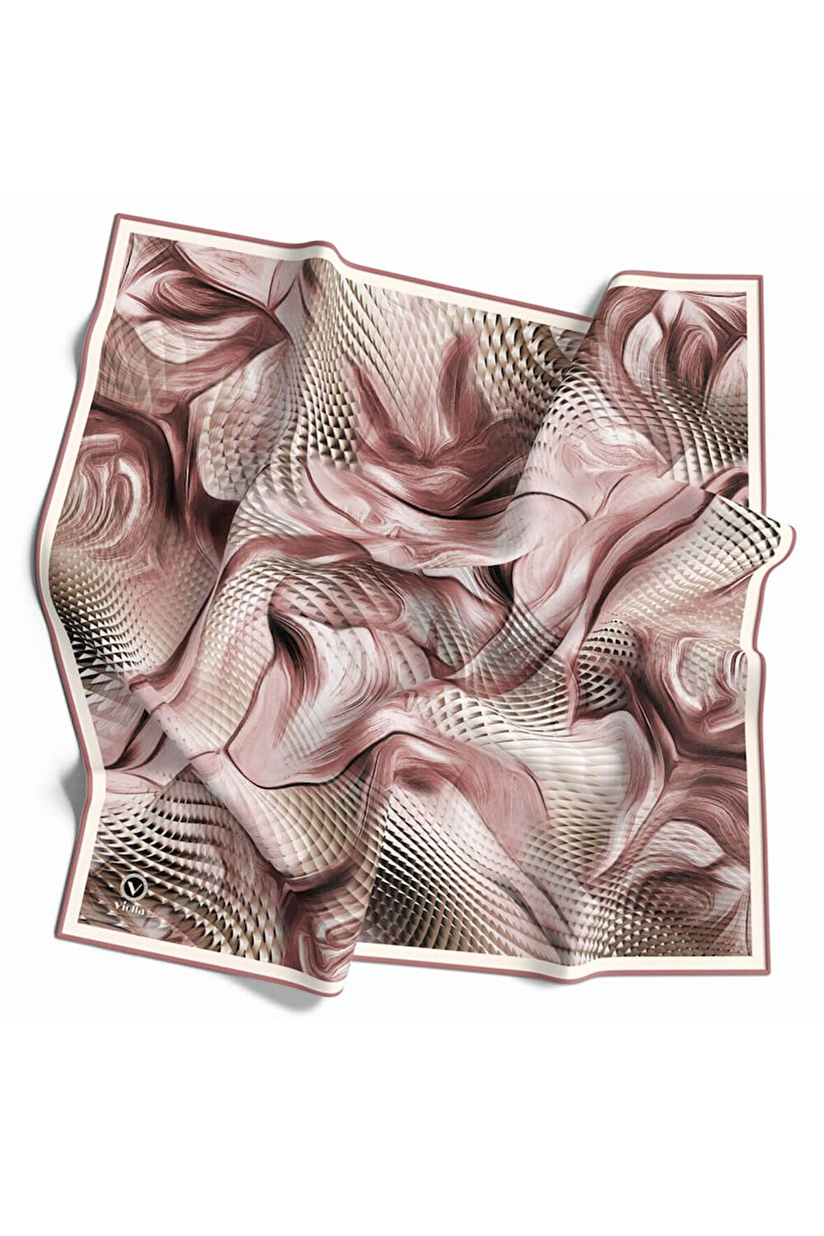 Twill Geometrik Ve Dalga Desenli Pudra Renkli 90x90 Eşarp (İpek İçermez) Dikim Şekli : El Dikişi