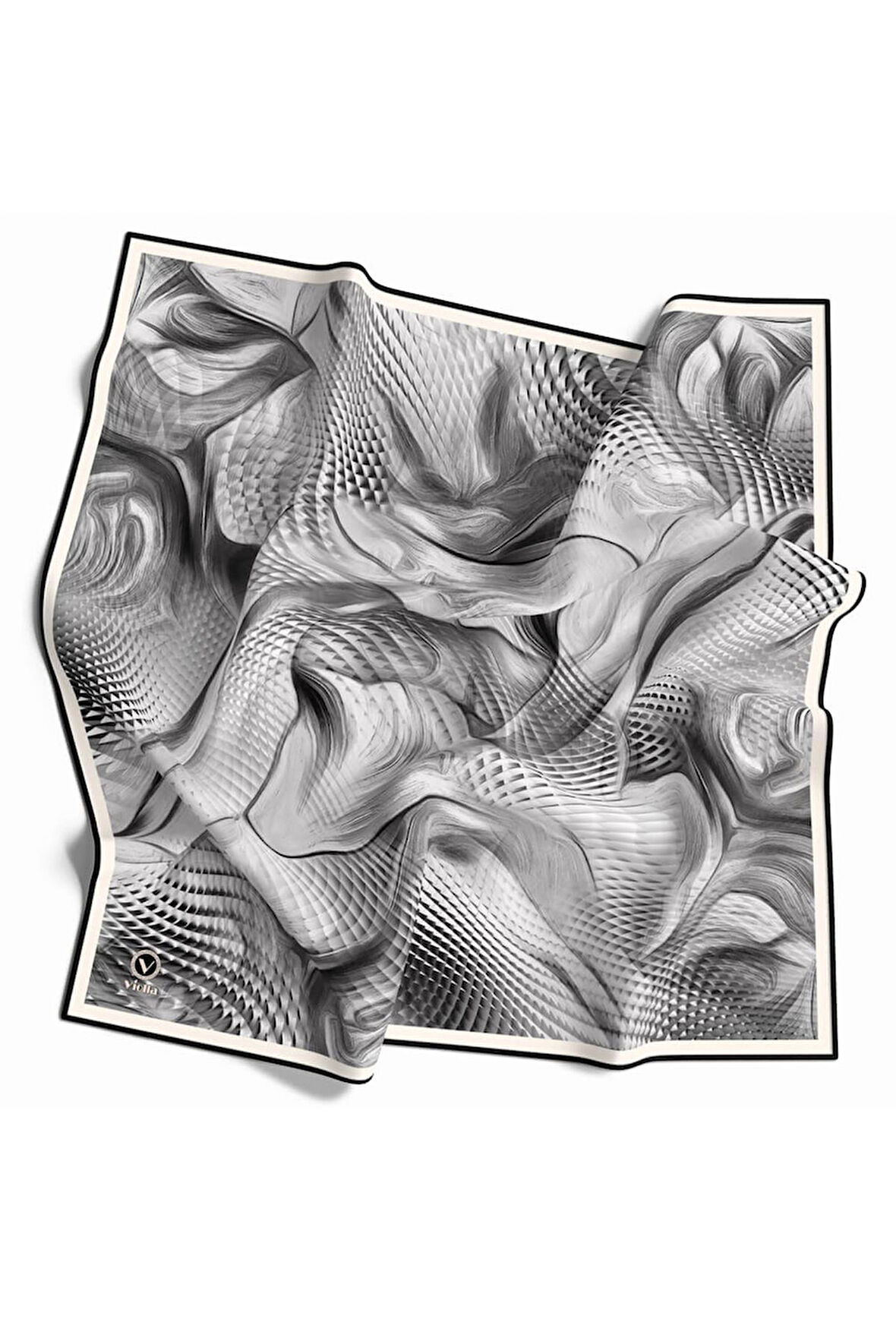 Twill Geometrik Ve Dalga Desenli Gri Renkli 90x90 Eşarp (İpek İçermez) Dikim Şekli : El Dikişi