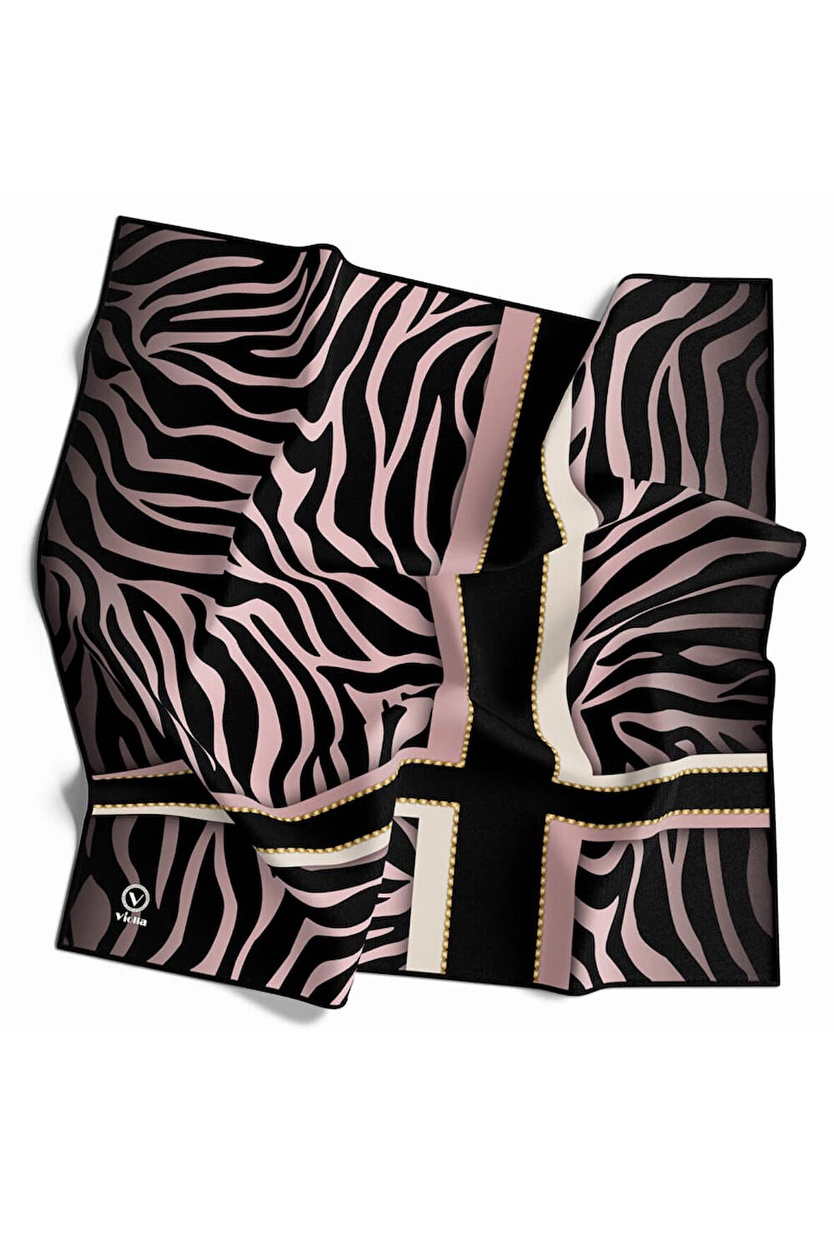 Twill Zebra Desenli Siyah - Pudra Renkli 90x90 Eşarp (İpek İçermez) Dikim Şekli : El Dikişi