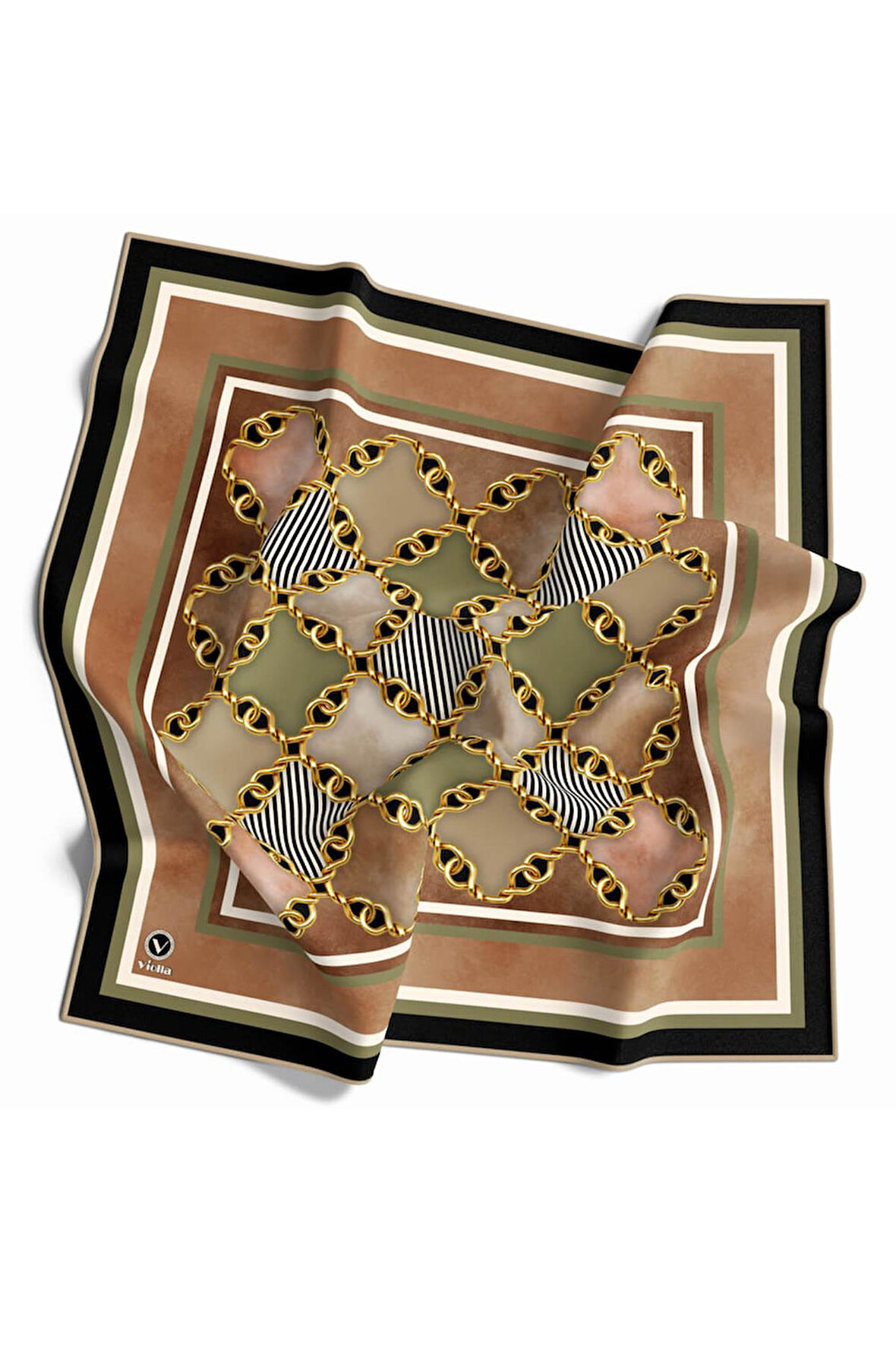 Twill Zincirli Geometrik Desenli Bakır Renkli 90x90 Eşarp (İpek İçermez) Dikim Şekli : El Dikişi