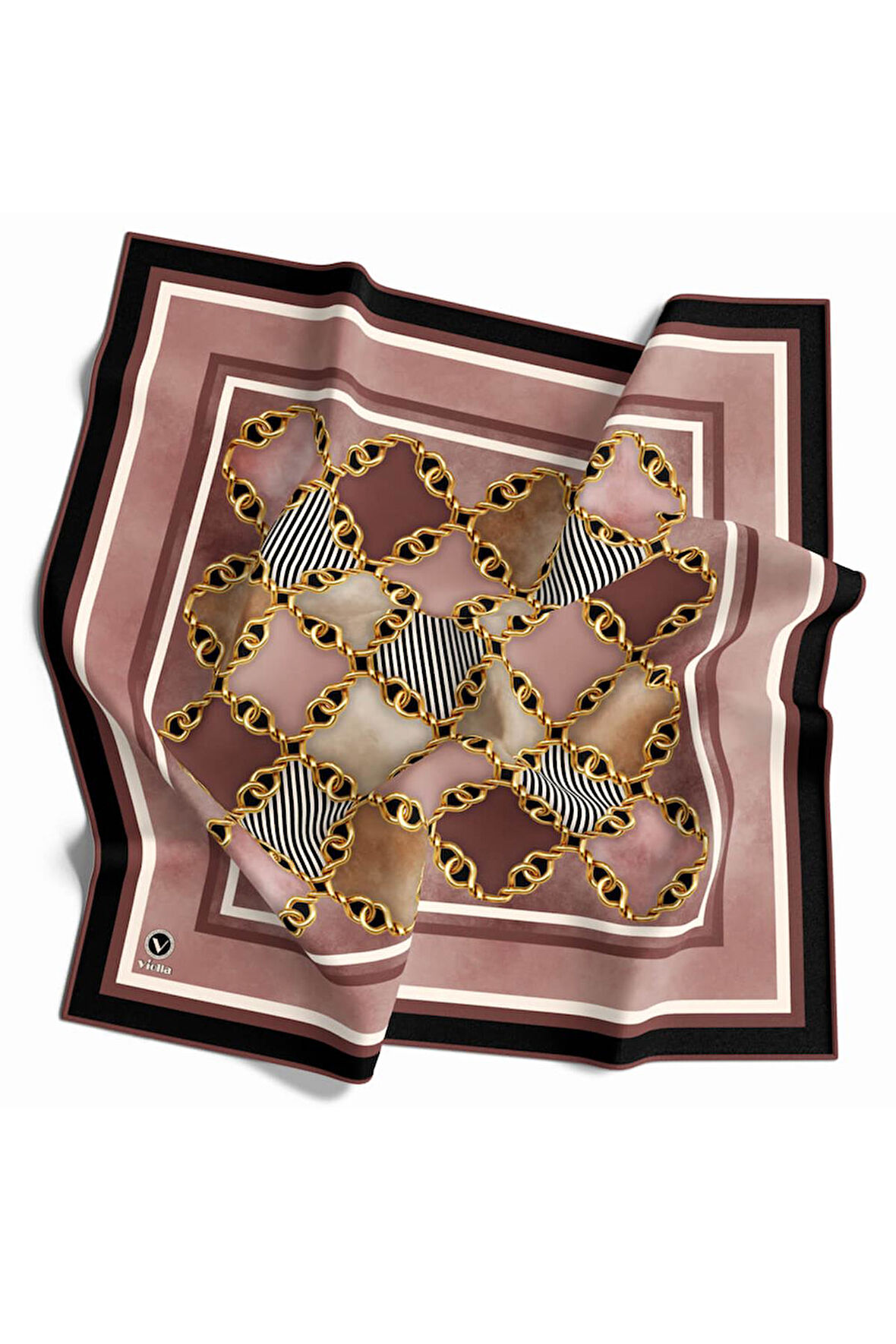 Twill Zincirli Geometrik Desenli Pudra Renkli 90x90 Eşarp (İpek İçermez) Dikim Şekli : El Dikişi