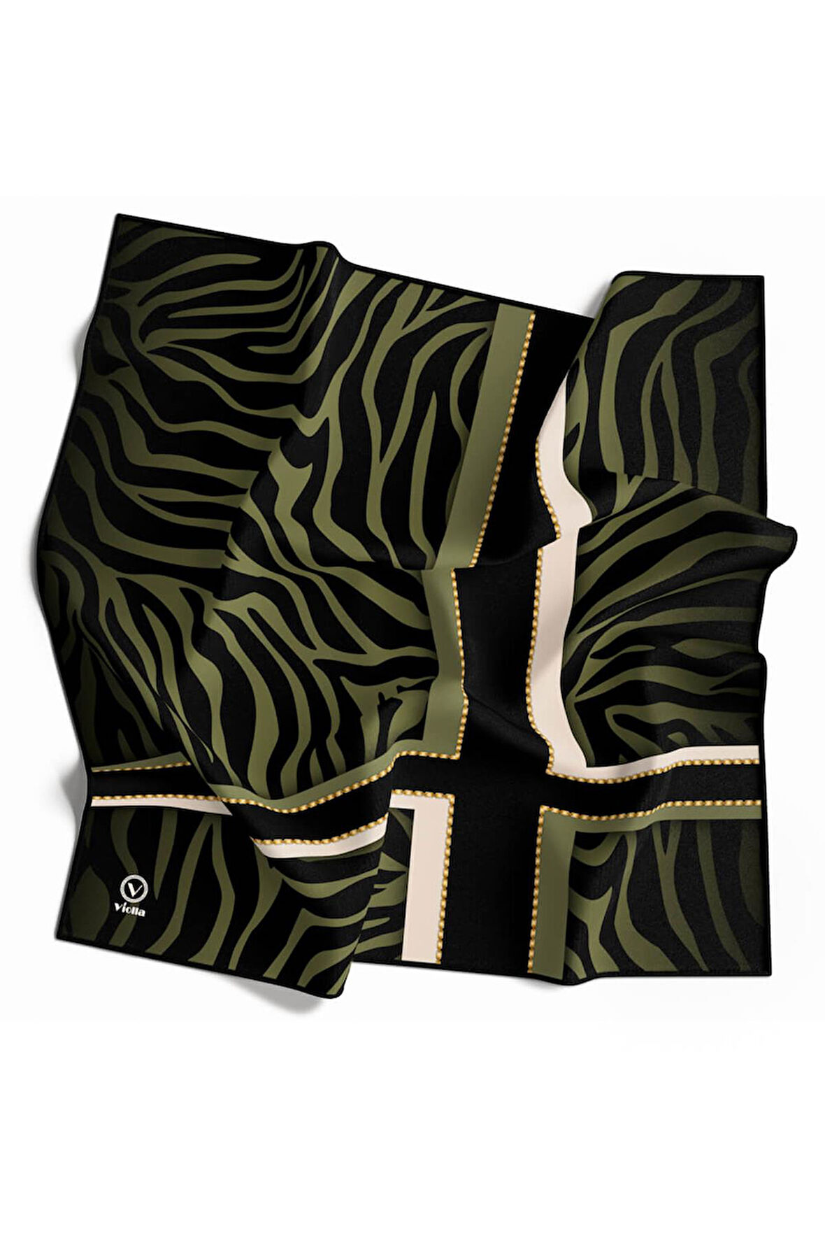 Twill Zebra Desenli Siyah - Haki Renkli 90x90 Eşarp (İpek İçermez) Dikim Şekli : El Dikişi