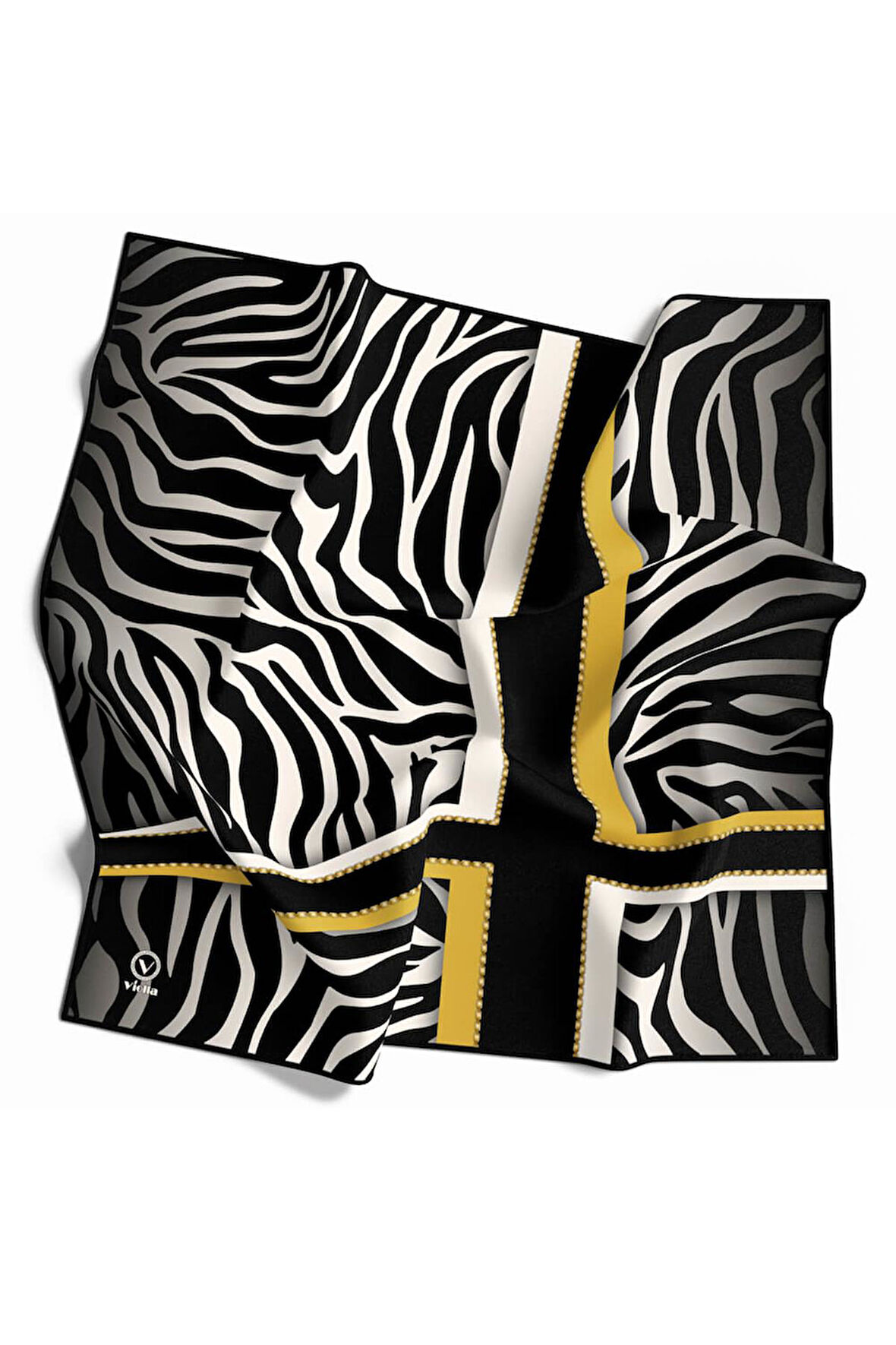 Twill Zebra Desenli Siyah - Sarı Renkli 90x90 Eşarp (İpek İçermez) Dikim Şekli : El Dikişi