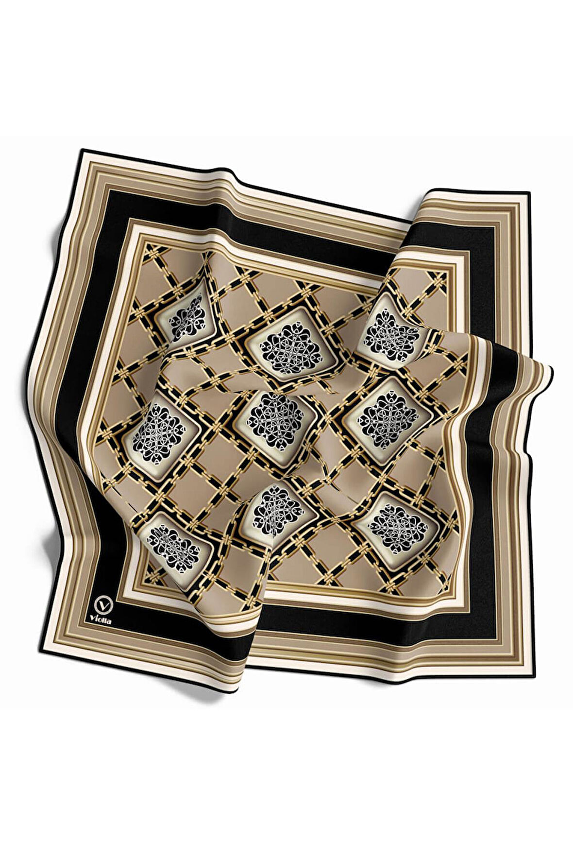 Twill Geometrik Ve Zincirli Desenli Bej Renkli 90x90 Eşarp (İpek İçermez) Dikim Şekli : El Dikişi