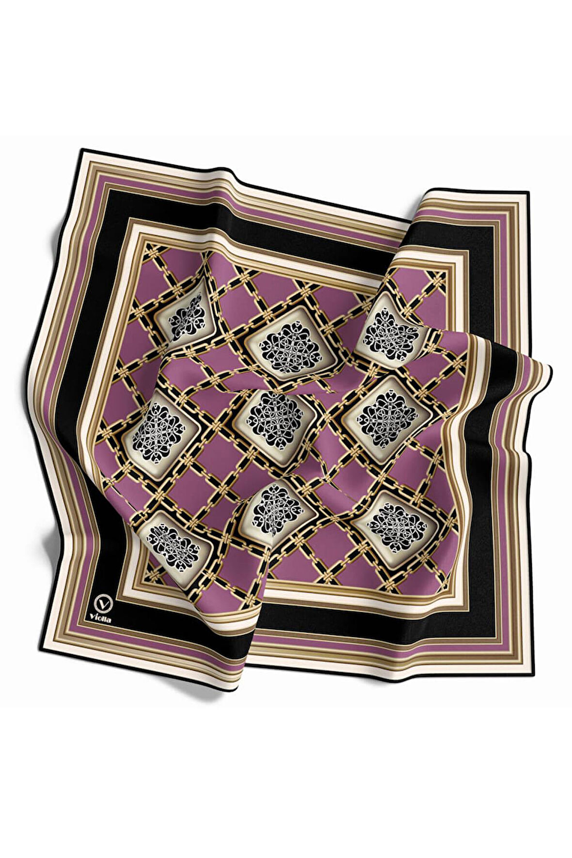 Twill Geometrik Ve Zincirli Desenli Pembe Renkli 90x90 Eşarp (İpek İçermez) Dikim Şekli : El Dikişi