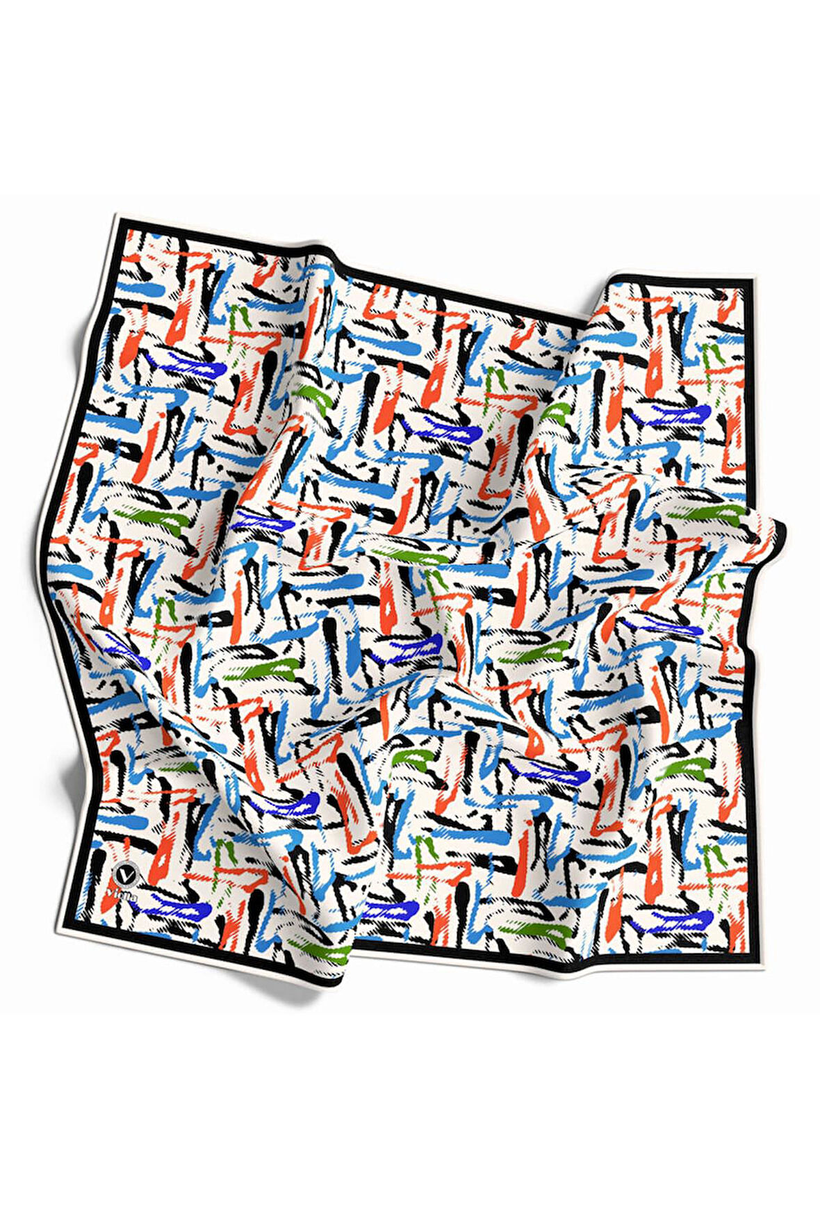 Twill Geometrik Desenli Bebe Mavisi - Turuncu Renkli 90x90 Eşarp (İpek İçermez) Dikim Şekli : El Dikişi